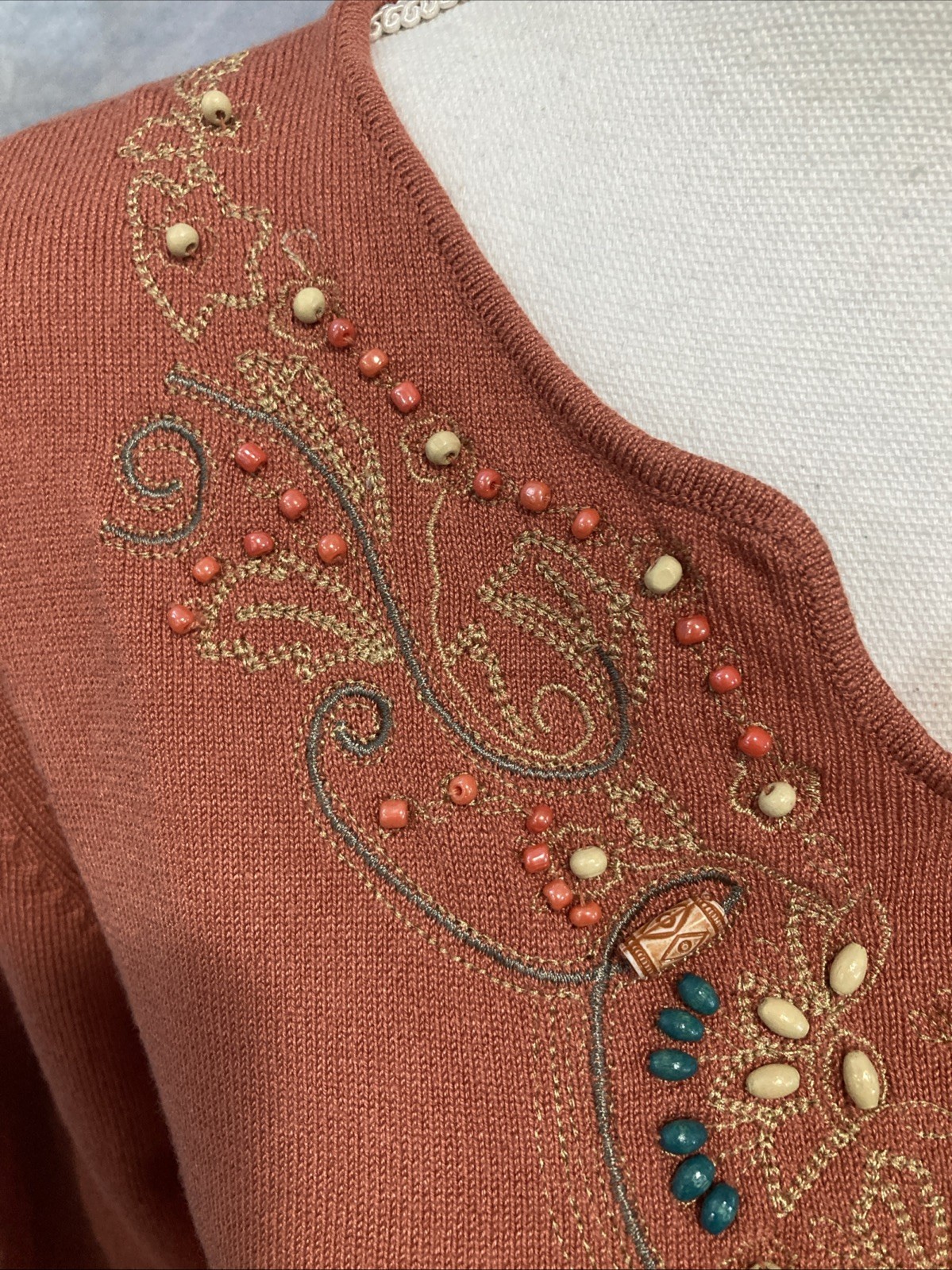 Vintage 90s Carducci Beaded Bib Sweater Top Size L Rust Orange Boho Grandmacore