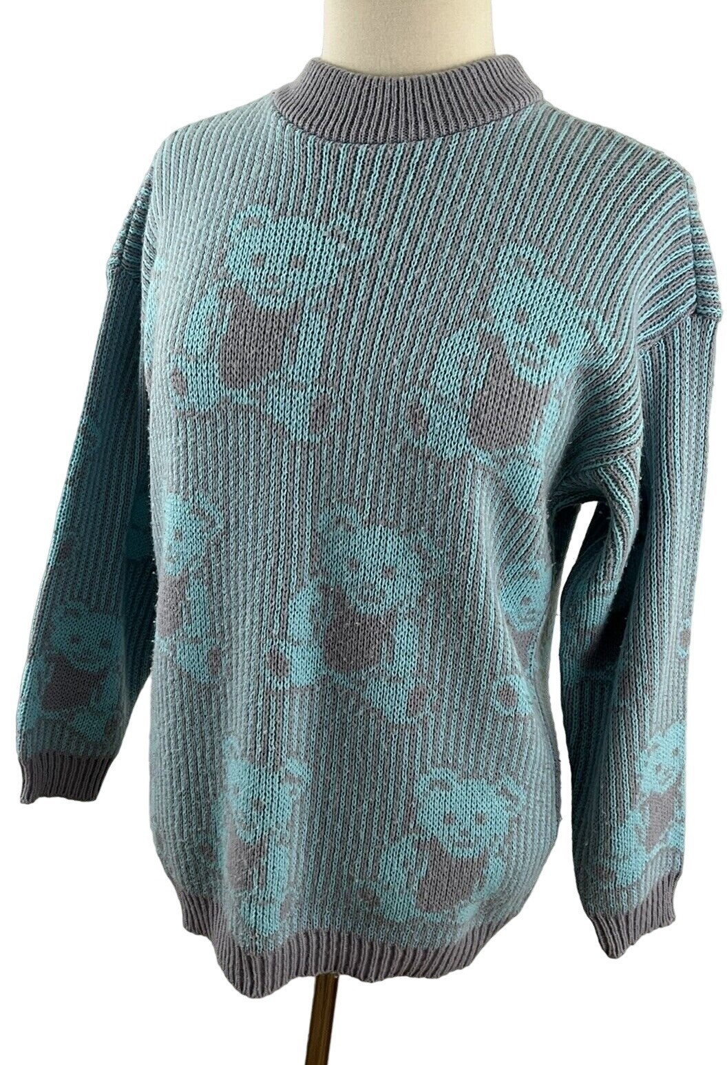 Vintage 80s Adele Knitwear Sweater Gray Blue Teddy Bear USA Kawaii