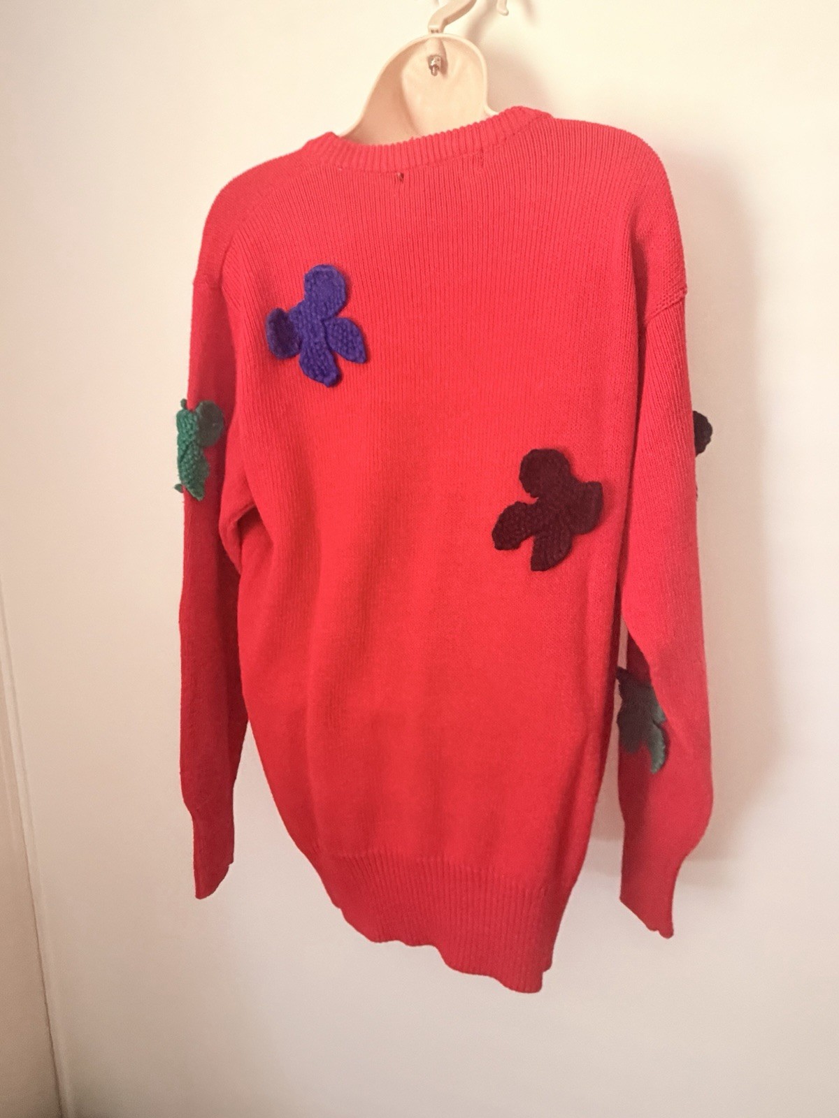 I.B. Diffusion Red Knit Sweater Floral Applique Boho Pullover M Rainbow Bowties