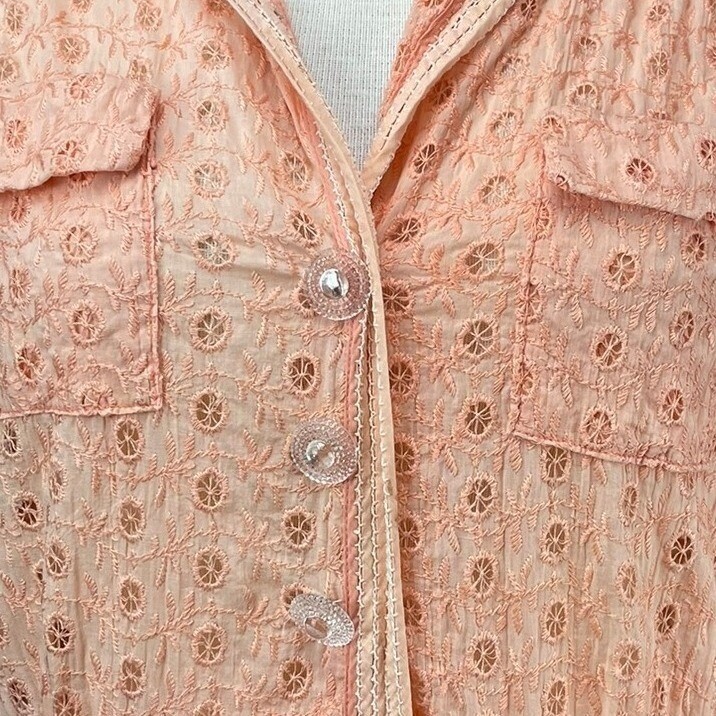 Vintage Womens (M/L) 50s Peach Eyelet Dress Boho Prairie Buttons Western Sheer