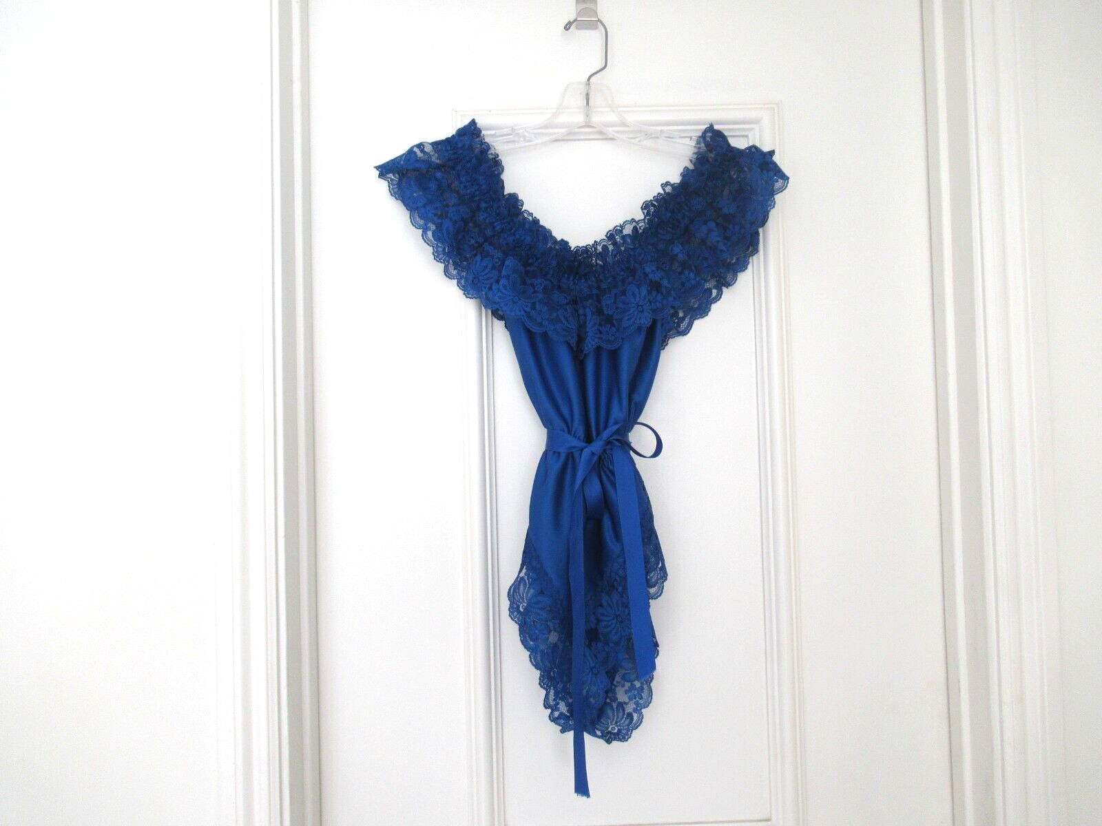 DELORES Poirette ILGWU Royal Silky Lace Teddy Romper Bodysuit Cover-up Small NEW