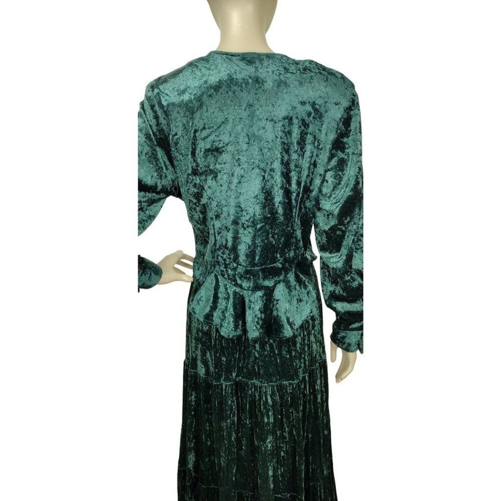 Vintage 70s Western Boho Prairie Green Crushed Velvet Tiered Maxi Skirt Top Set