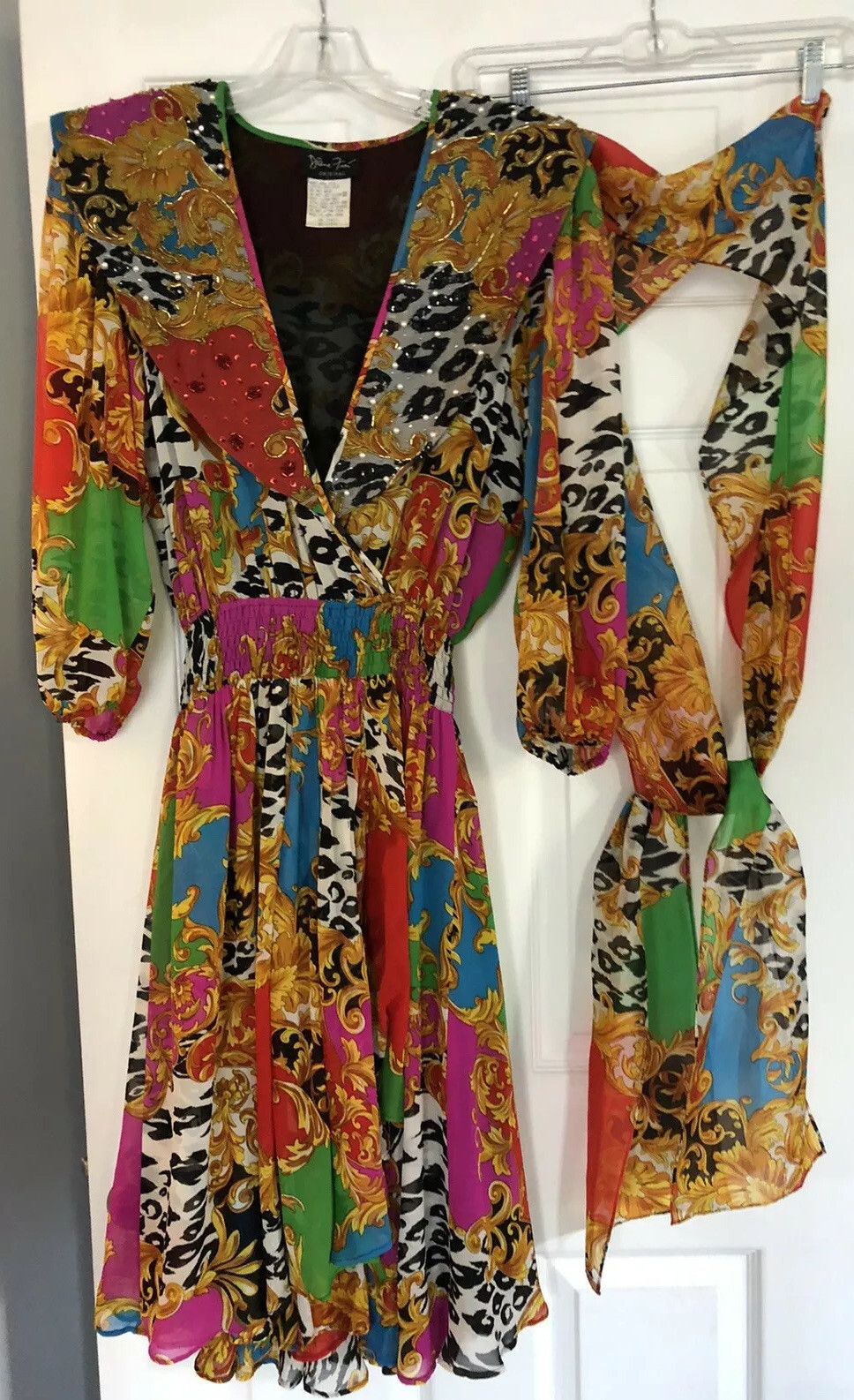 Vintage 80s Diane Freis Beaded Baroque Dress Ruffle Collar Puff Balloon Sleeves