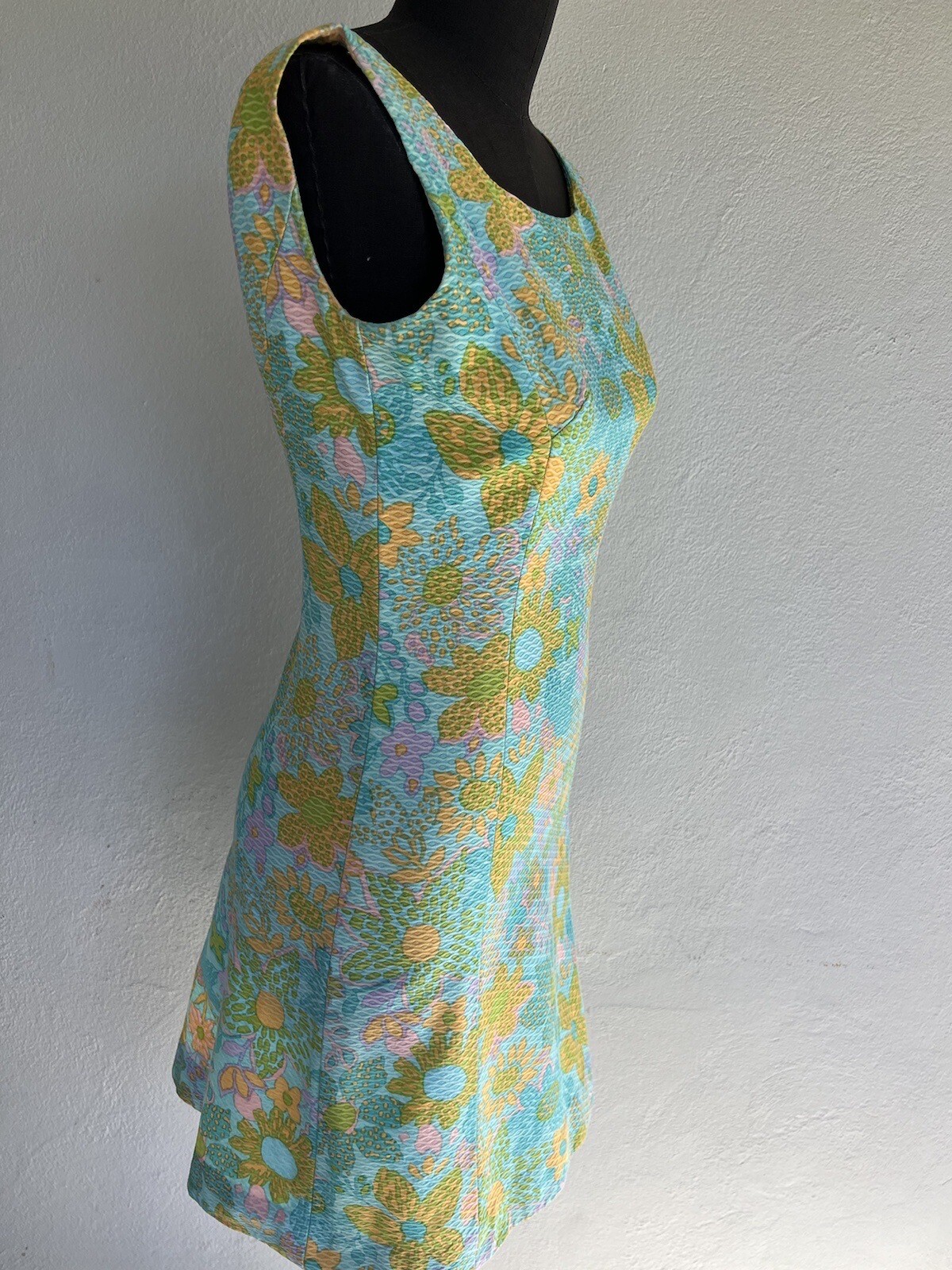 VTG 1960’s Green Pink Orange Damask Floral Shabby Chic Sun Mini Dress S M GREAT