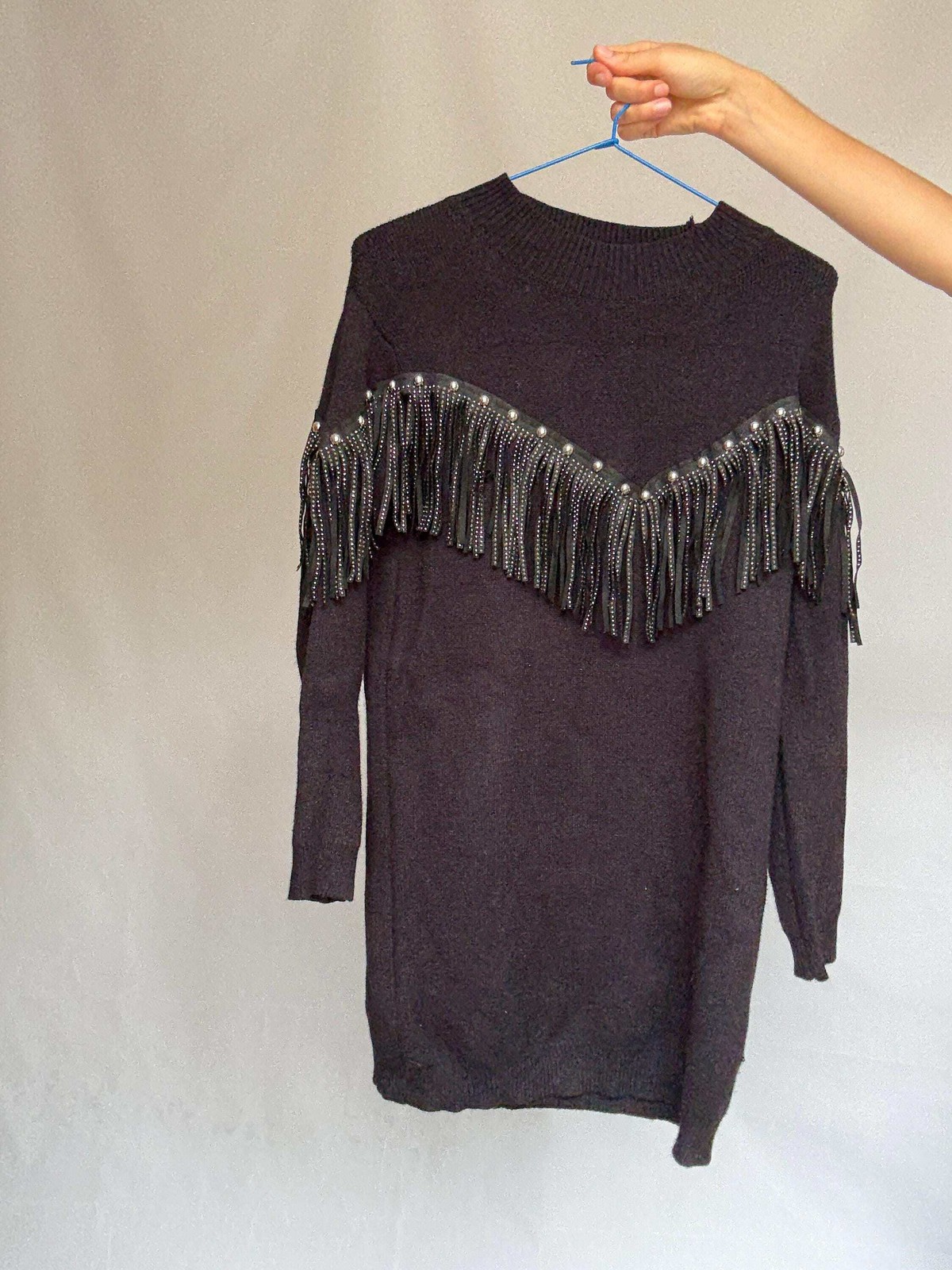 Western black mini dress, Embellished fringe short spring dress, Retro 90s vinta