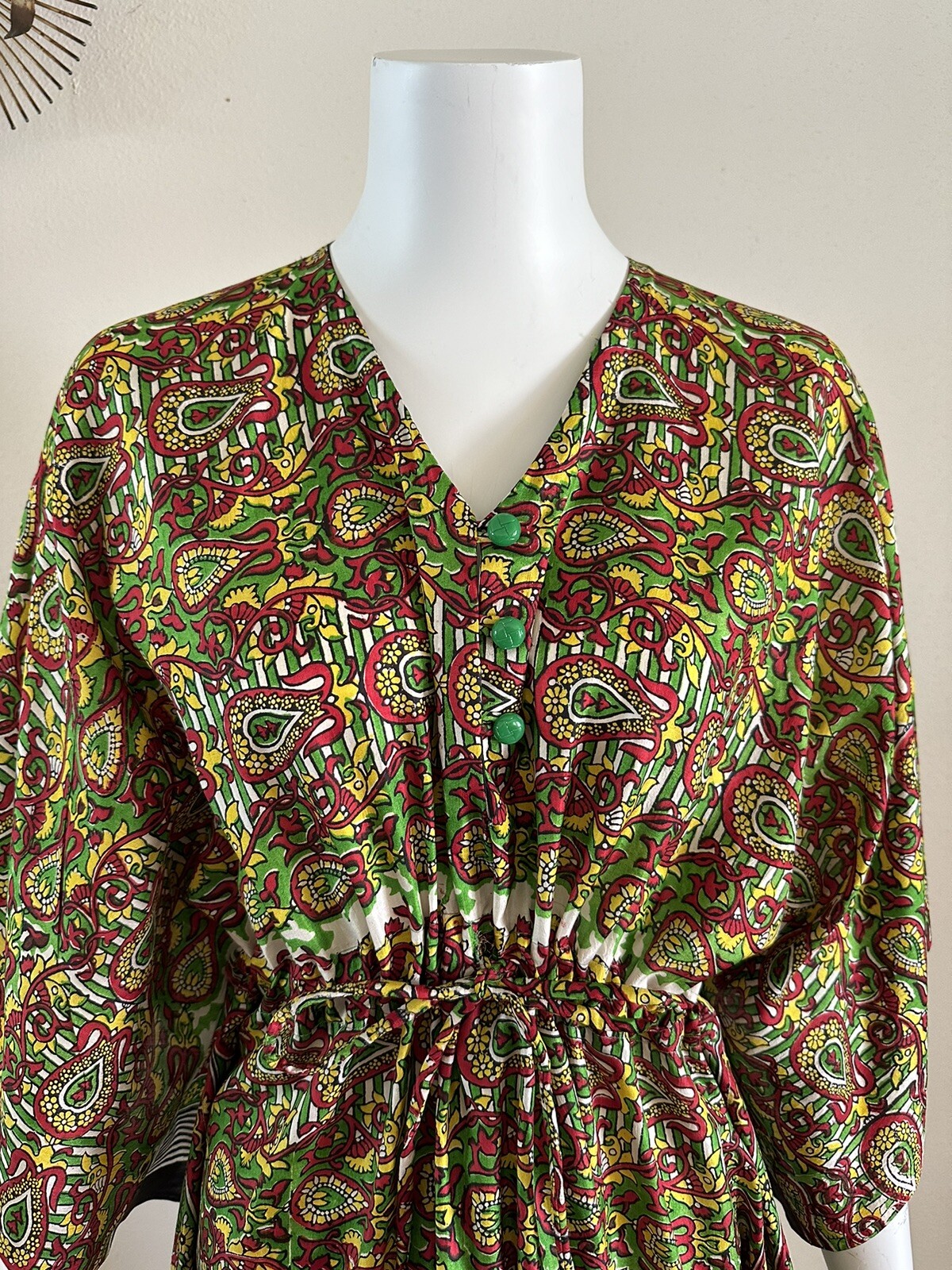 70s Handfabs Indian Block Print Caftan Dress Maxi Mumu Beach Cabana Pool 80s VTG