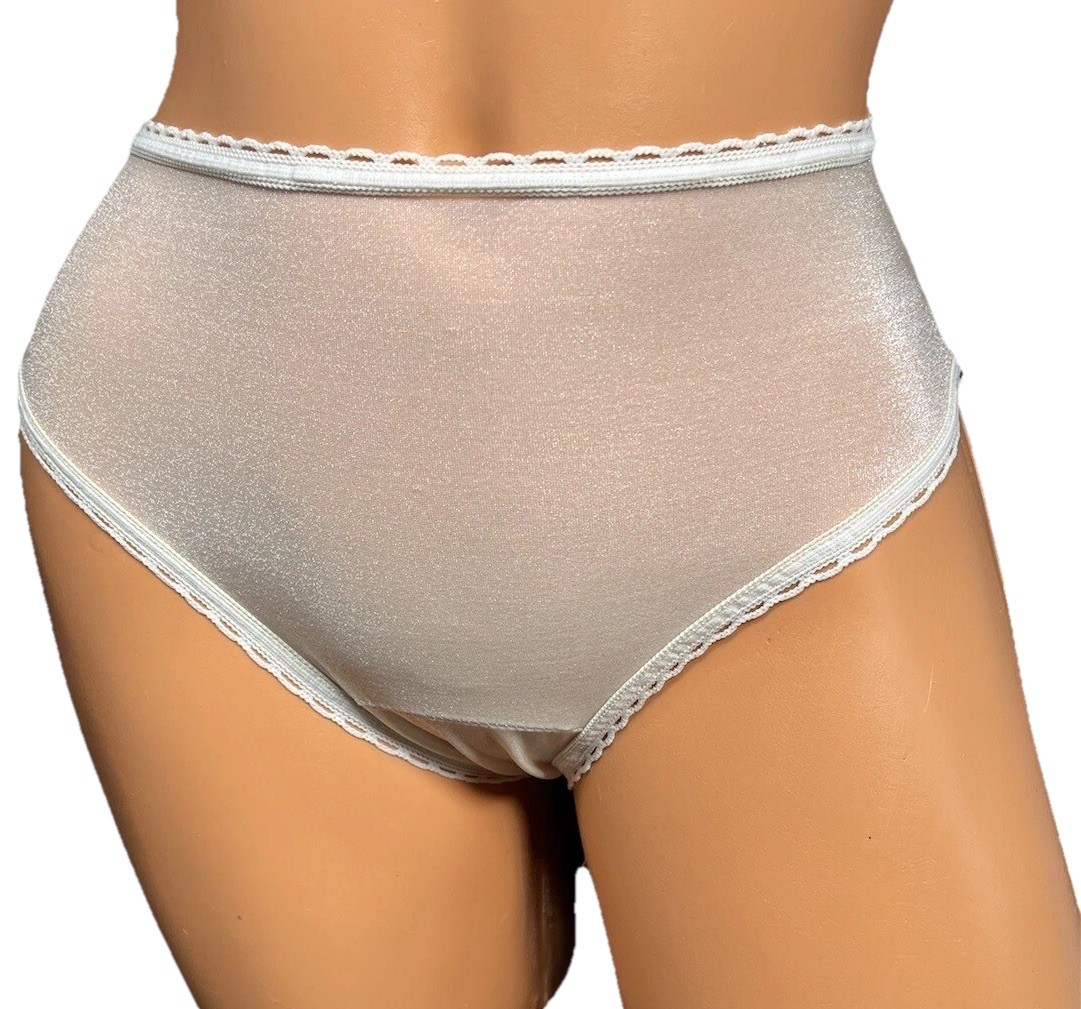 Vtg Panties High Cut Brief Unlined Mushroom Gusset Shimmer SHEER Pearl XS S 4 5
