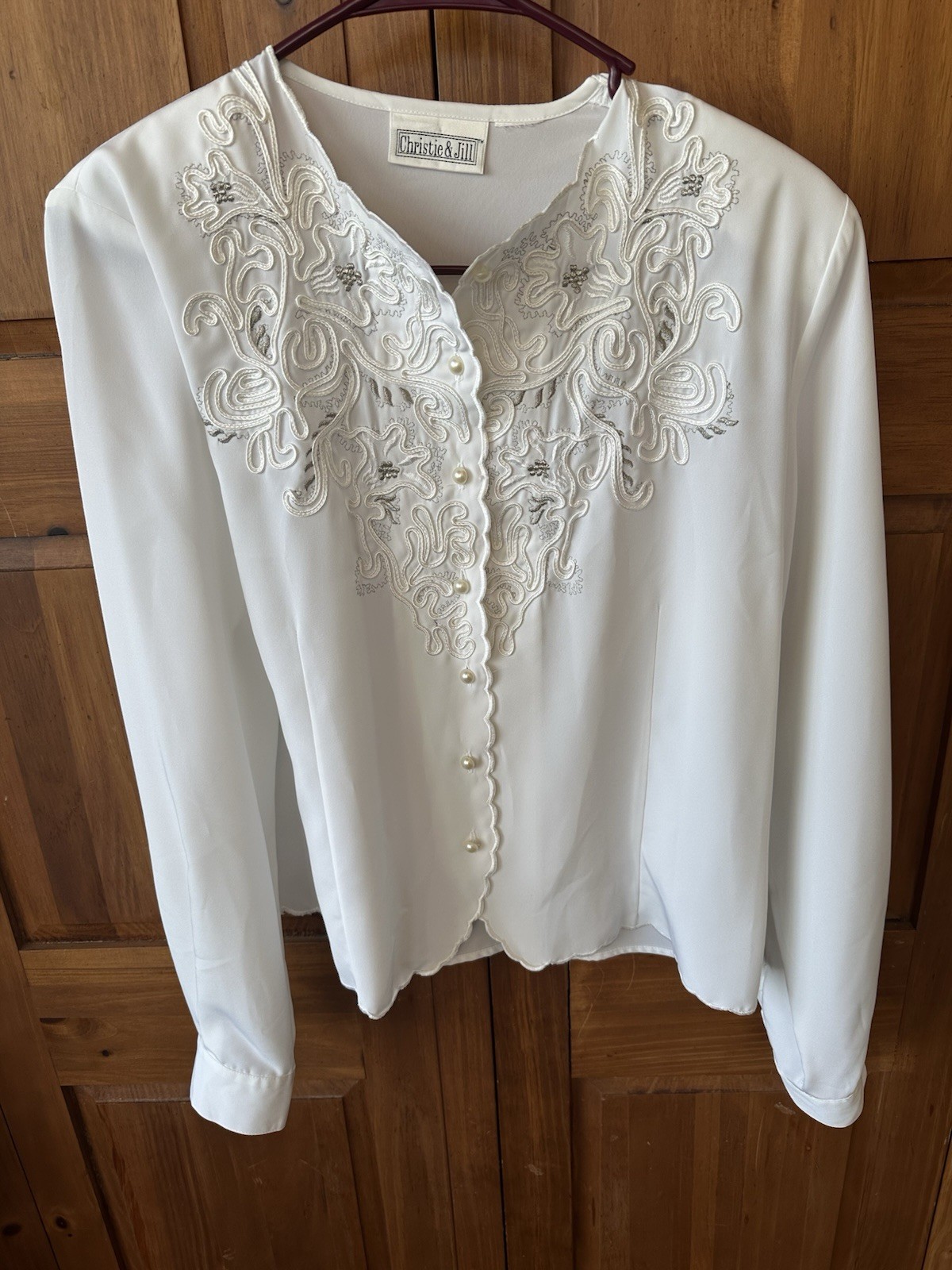 Vtg 80s Christie & Jill White Embroidered Blouse Vtg Sz 12 (M/8-10) Pearl Button