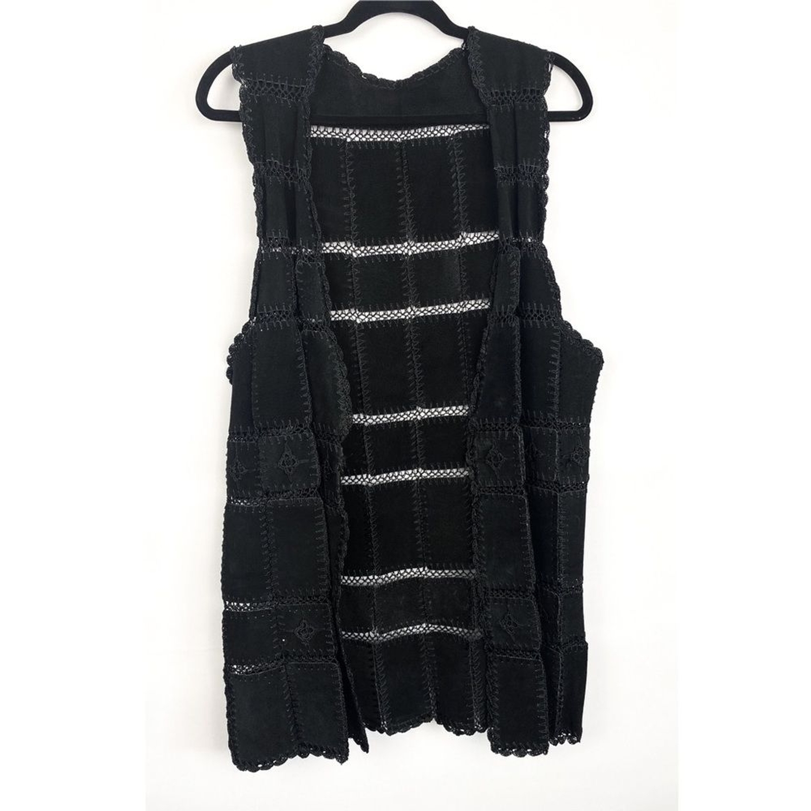 Vintage Crochet Suede Leather Embroidered Patchwork Western Vest, Black