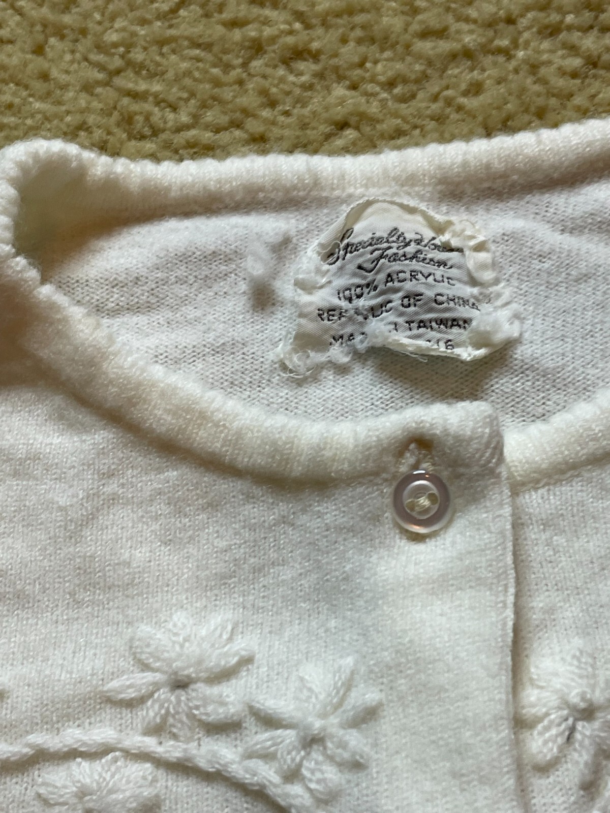 Vintage 60s Ivory Mid Century Acrylic Embellished Button Up Cardigan Sweater M