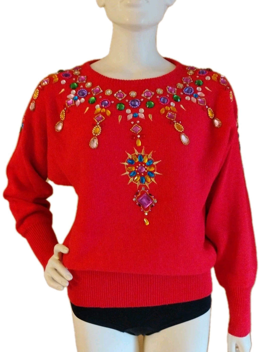 VTG 80’s „Maurada” Candy Apple RED Bejeweled & Beaded Sweater S