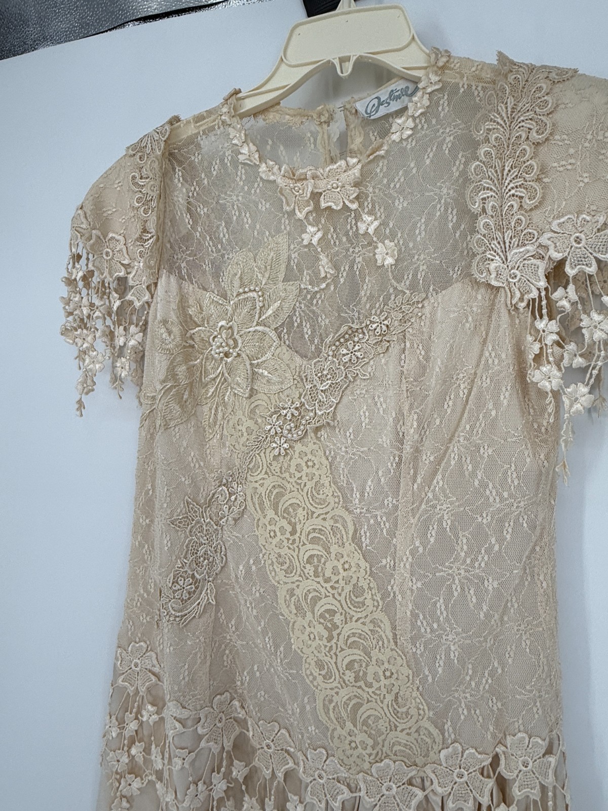 Vintage Ivory Lace Satin Midi Dress Cottagecore Victorian Prairie Romantic Fairy