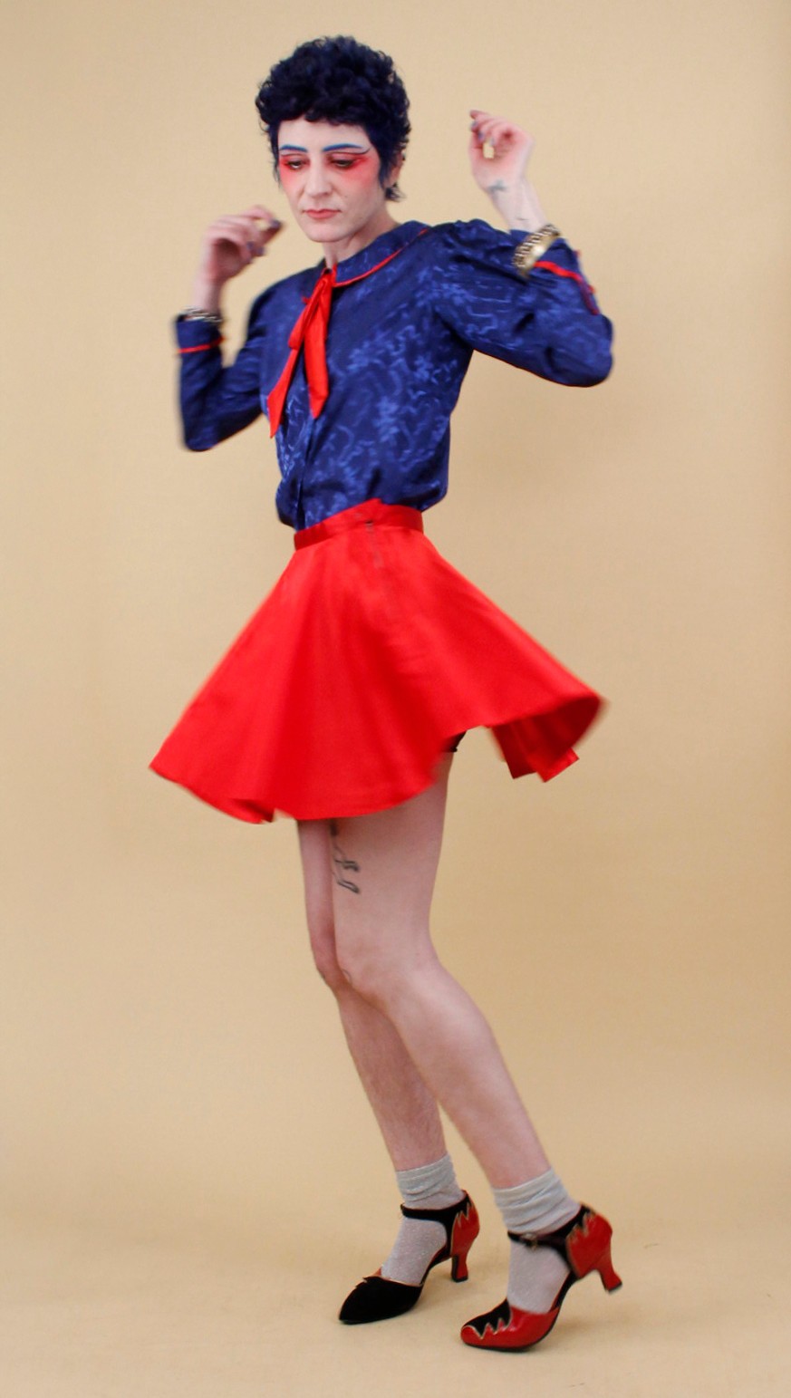 80s Vtg Blue Satin Sailor Moon Style Collar Blouse Shirt Button Up Nautical B34″