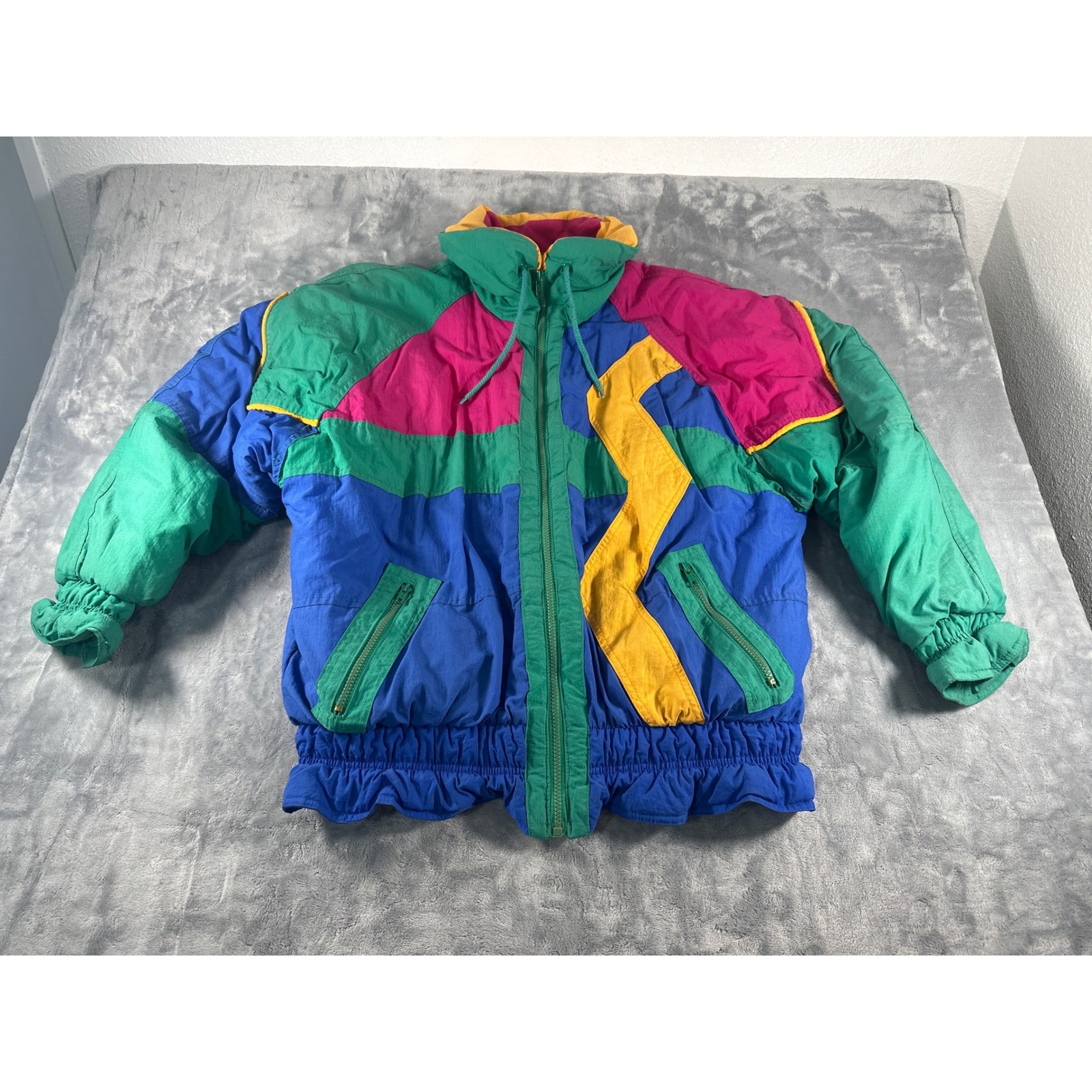 Vintage Weekend Edition Colorblock Puffer Jacket Womens Large Retro 80s 90s Blue