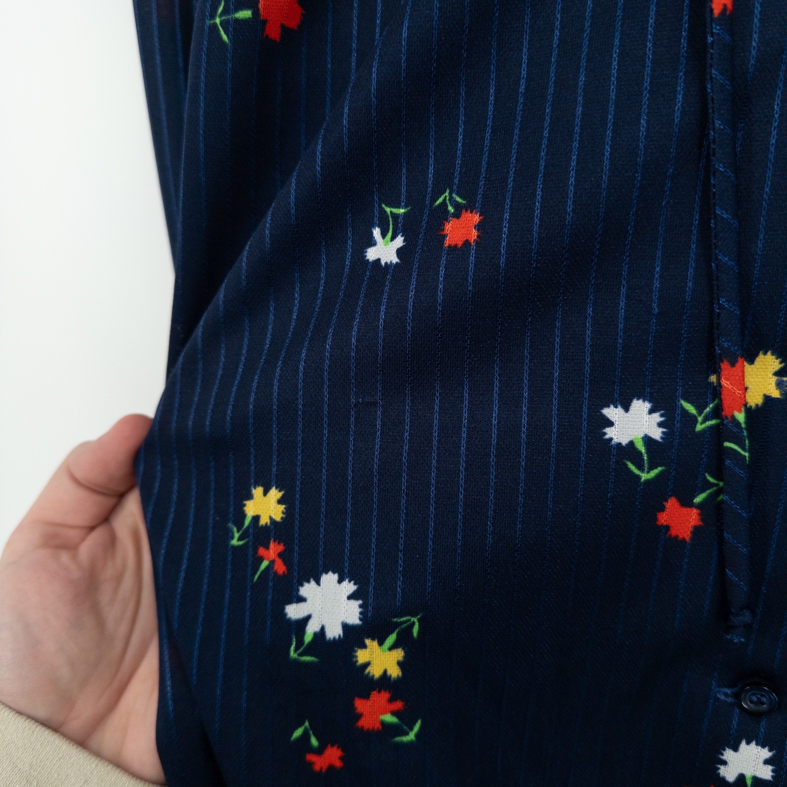 Vintage 70s Navy Floral Pinstripe Prairie Blouse Womens Small