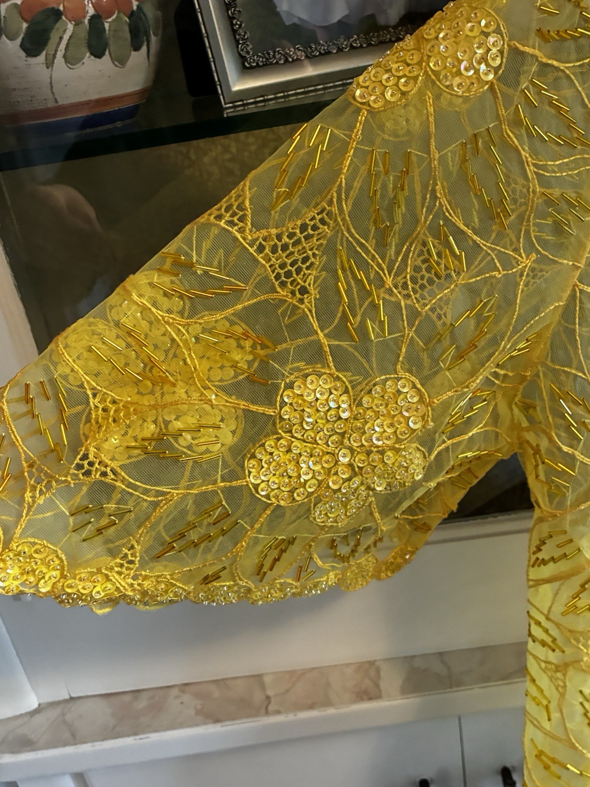 Yellow Vintage 1990s Beaded Sequin Sheer Short Sleeve Blouse Festive Glam S/M