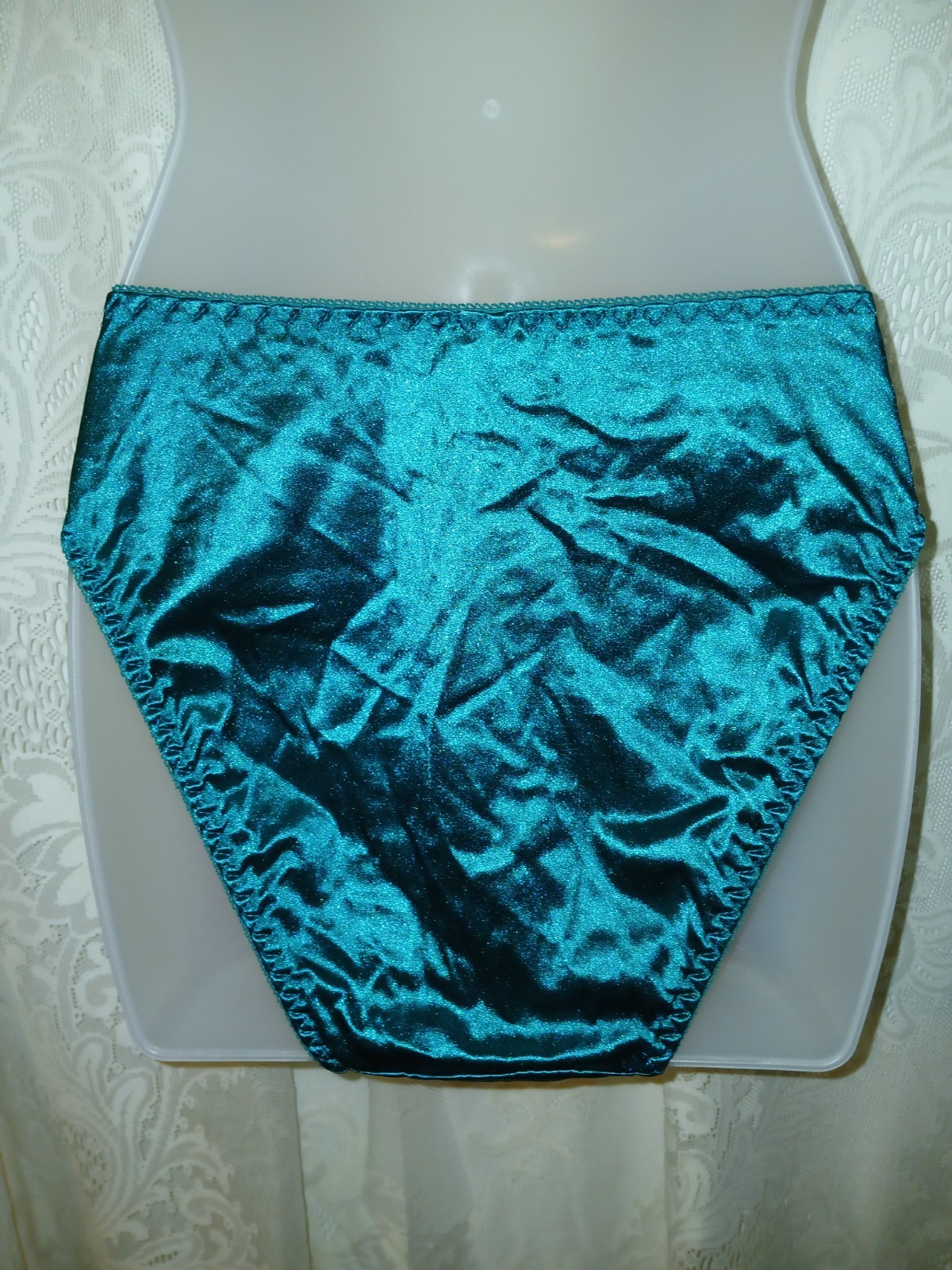 Vintage 90s Teal Green Wet Look Satin Nylon Second Skin Hi-Cut Panties L EUC