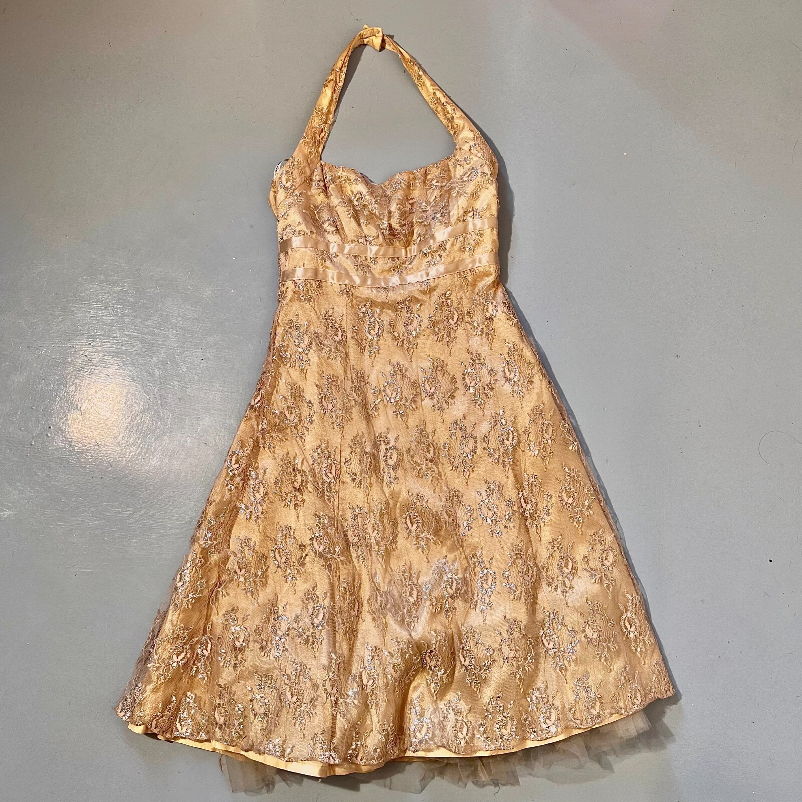 Vintage Zum Zum by Niki Livas Halter Neck Champagne Metallic Lace Dress Size 3/4
