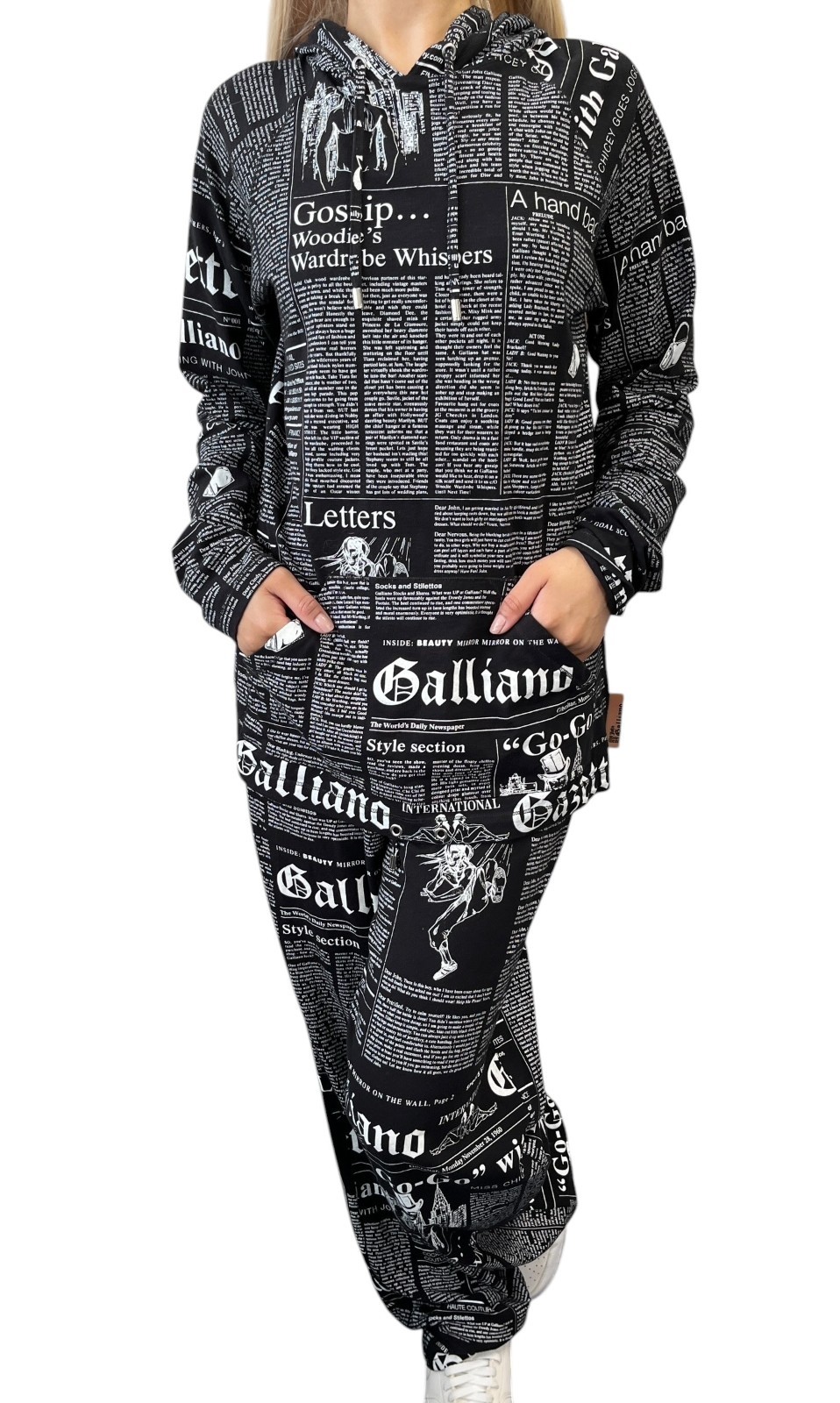 John Galliano Vintage Newspaper Print Hoodie Top Pants Set #XS Black 902549