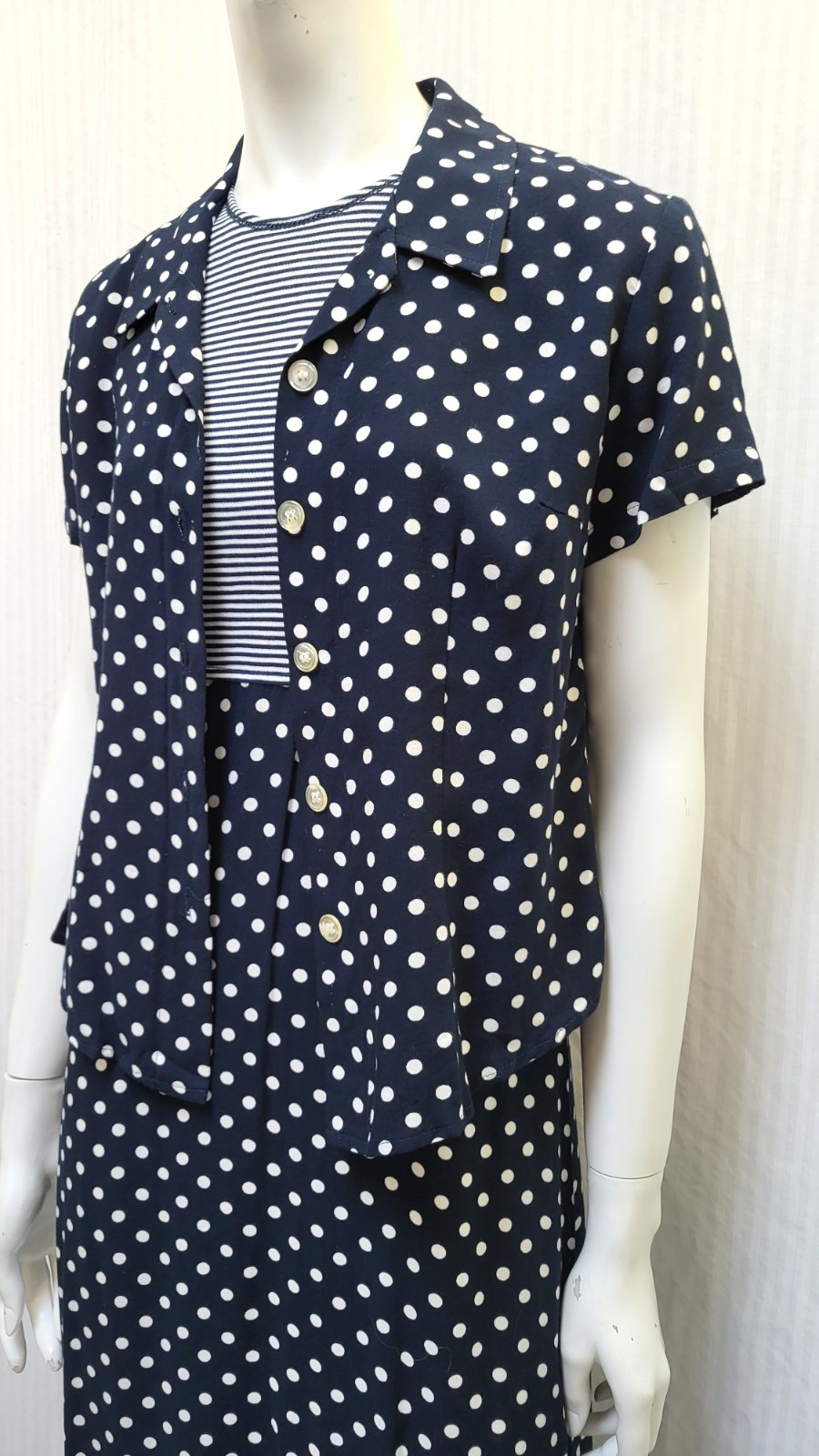 Vintage 2 Piece EXPO Blue Polka Dot Stripe Dress & Top Set – Size S