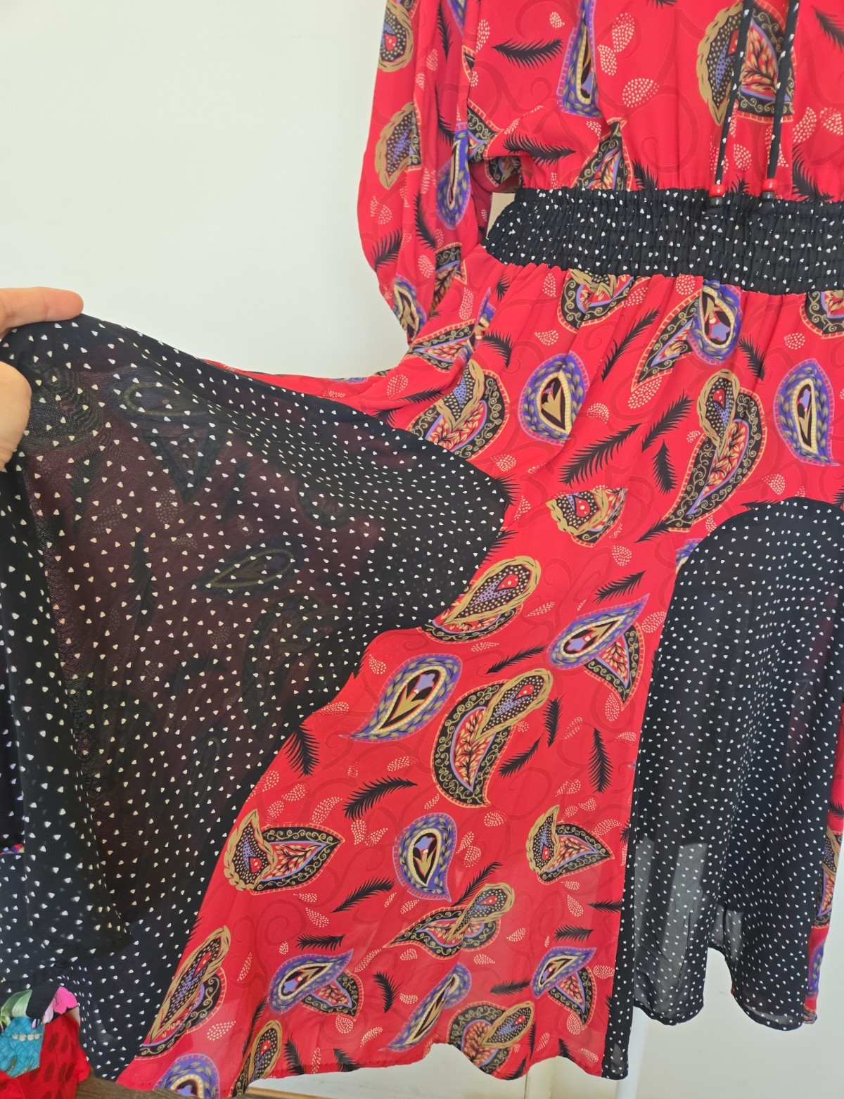 Assorti for Susan Freis M Vintage Midi Dress Ruffle Collar paisley Print red blk