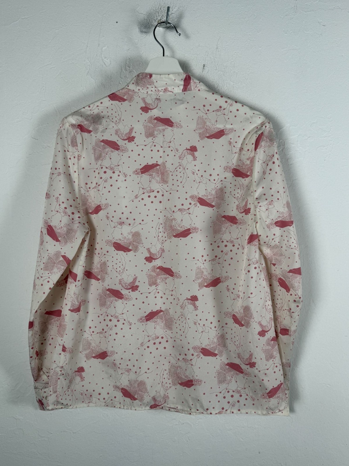 Vintage Pykettes Cream Pink Novelty Bird Polka Dot Print Blouse Button Up Boho