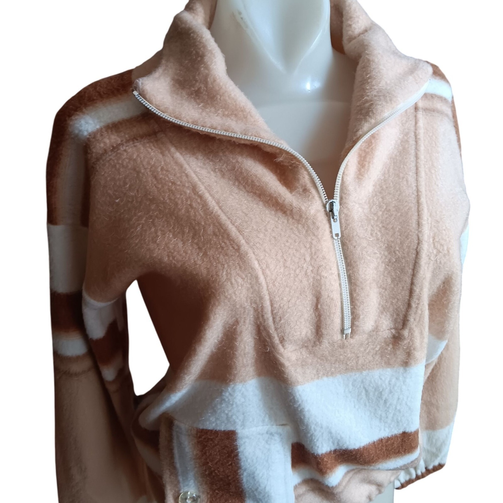 True Vintage Fleece Pullover Medium 1970’s Peach White Striped Half-Zip Boho