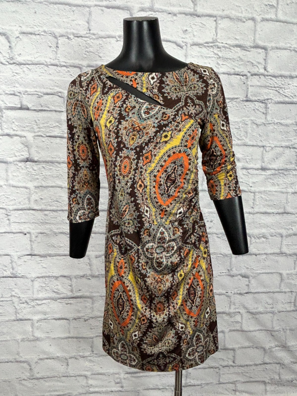 Purple Rain 3/4 Sleeve Paisley Pattern Multicolor Cut Out Women’s Dress Vtg 90’s