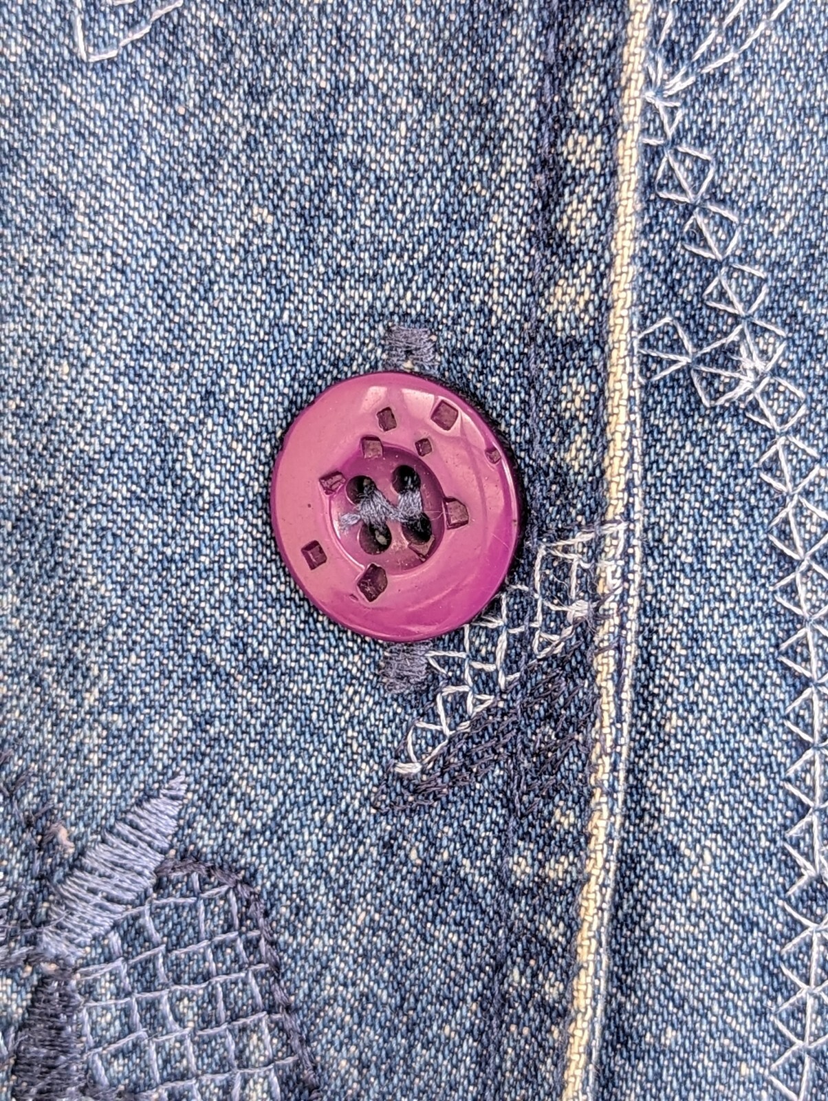 Vtg Sara Studio Denim Shirt Purple Buttons Floral Stitch Embroidered XL Womens