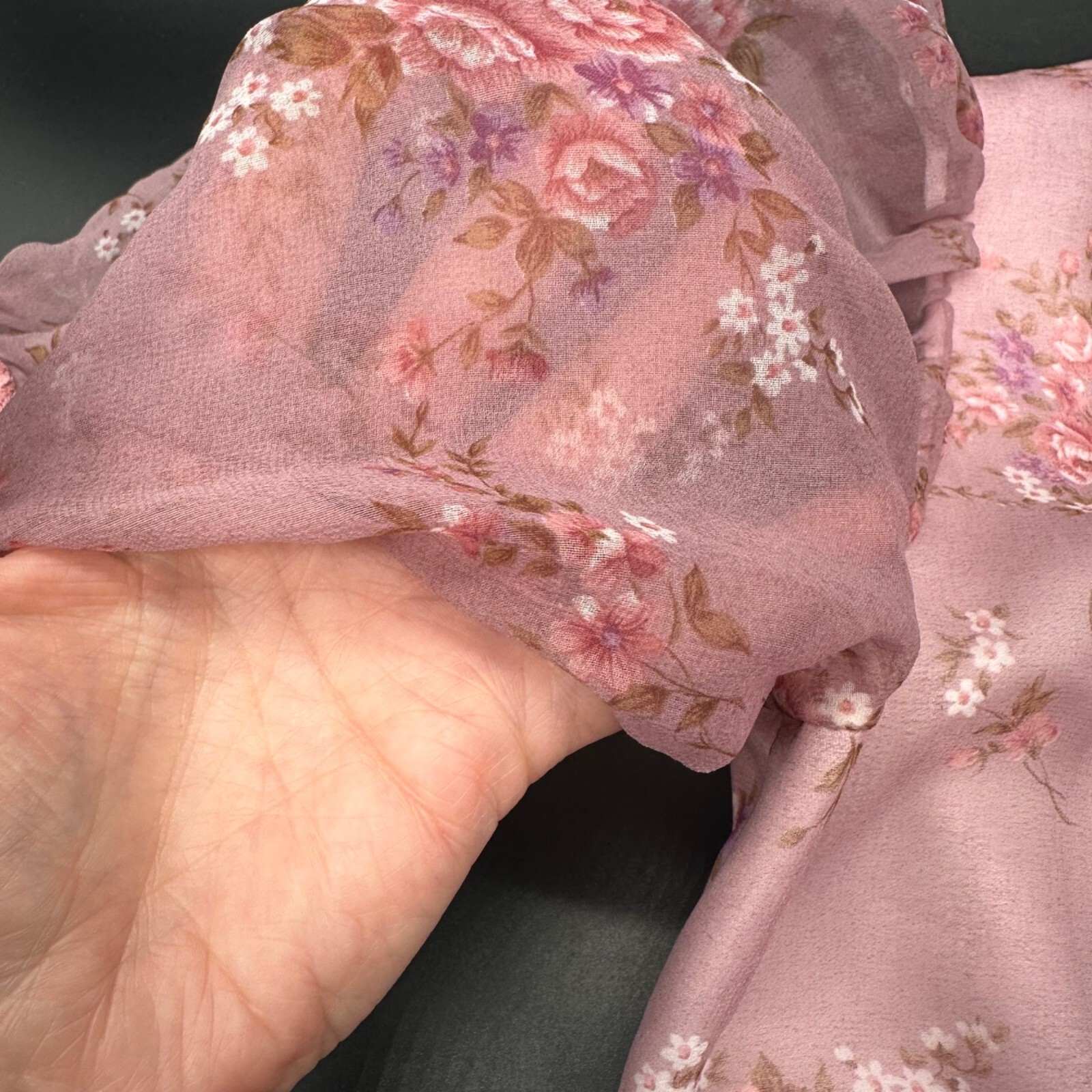 Vintage 1980s Pretty In Pink Floral Dress Shear Puffy Sleeve Rose Flower Cottage