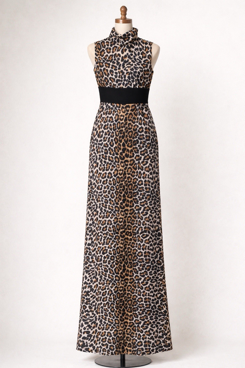 Vintage 60s Leopard Maxi Dress Mock Neck Column Gown Double Slits XS Sz 11