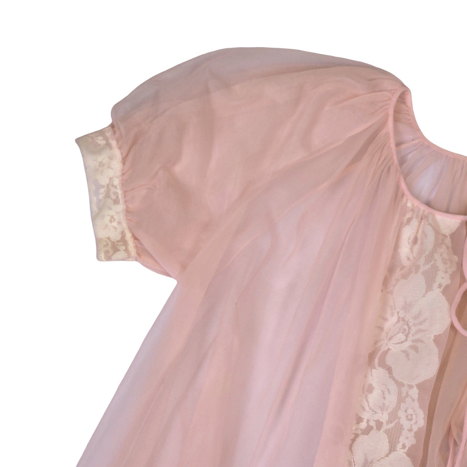 VTG 60s Pastel Pink Sheer Lace Trim Robe Puff Sleeve Chiffon Lingerie M Coquette