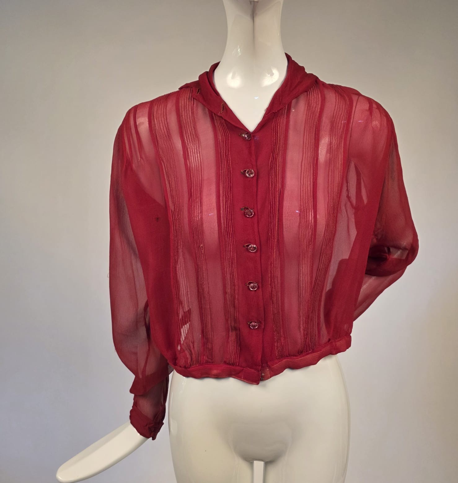 EDWARDIAN SHEER RED SILK CHIFFON BLOUSE W BUTTON FRONT