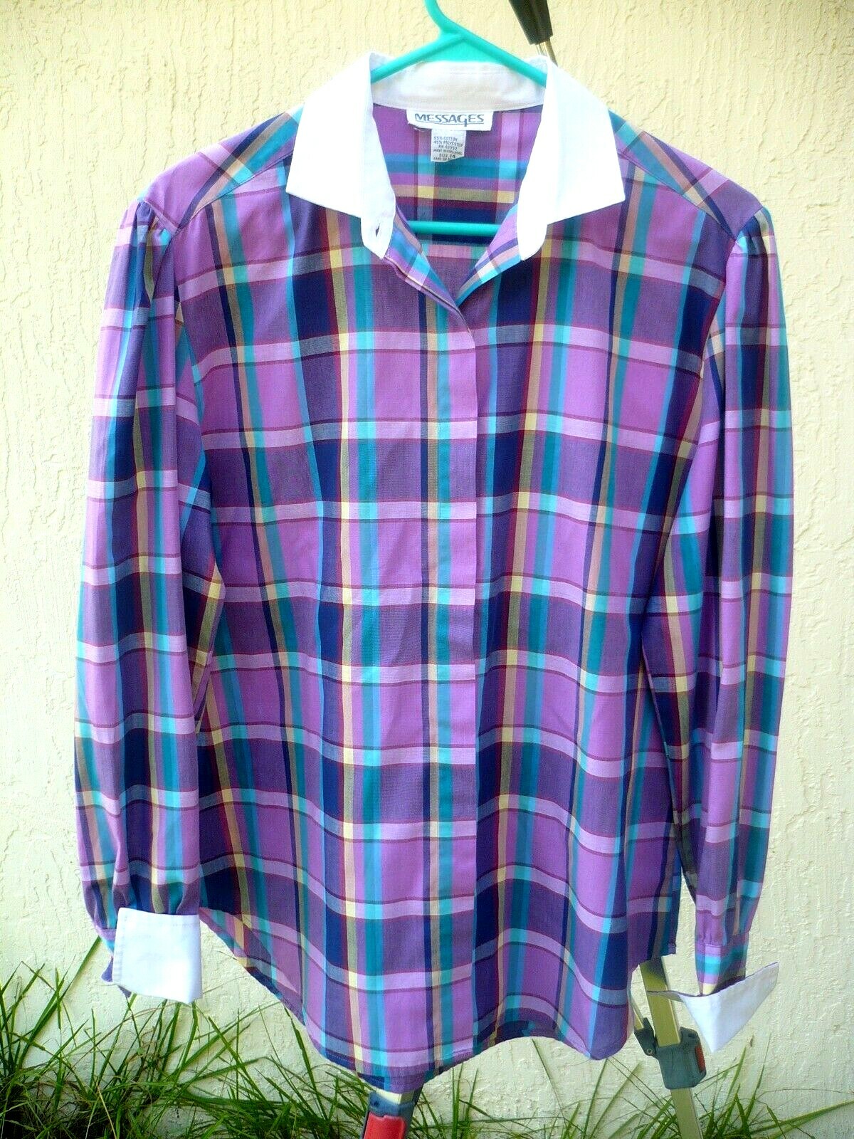 VTG MESSAGES L DEEP PURPLE PLAID LONG SLEEVE BUTTON DOWN SECRETARY BLOUSE WOMEN