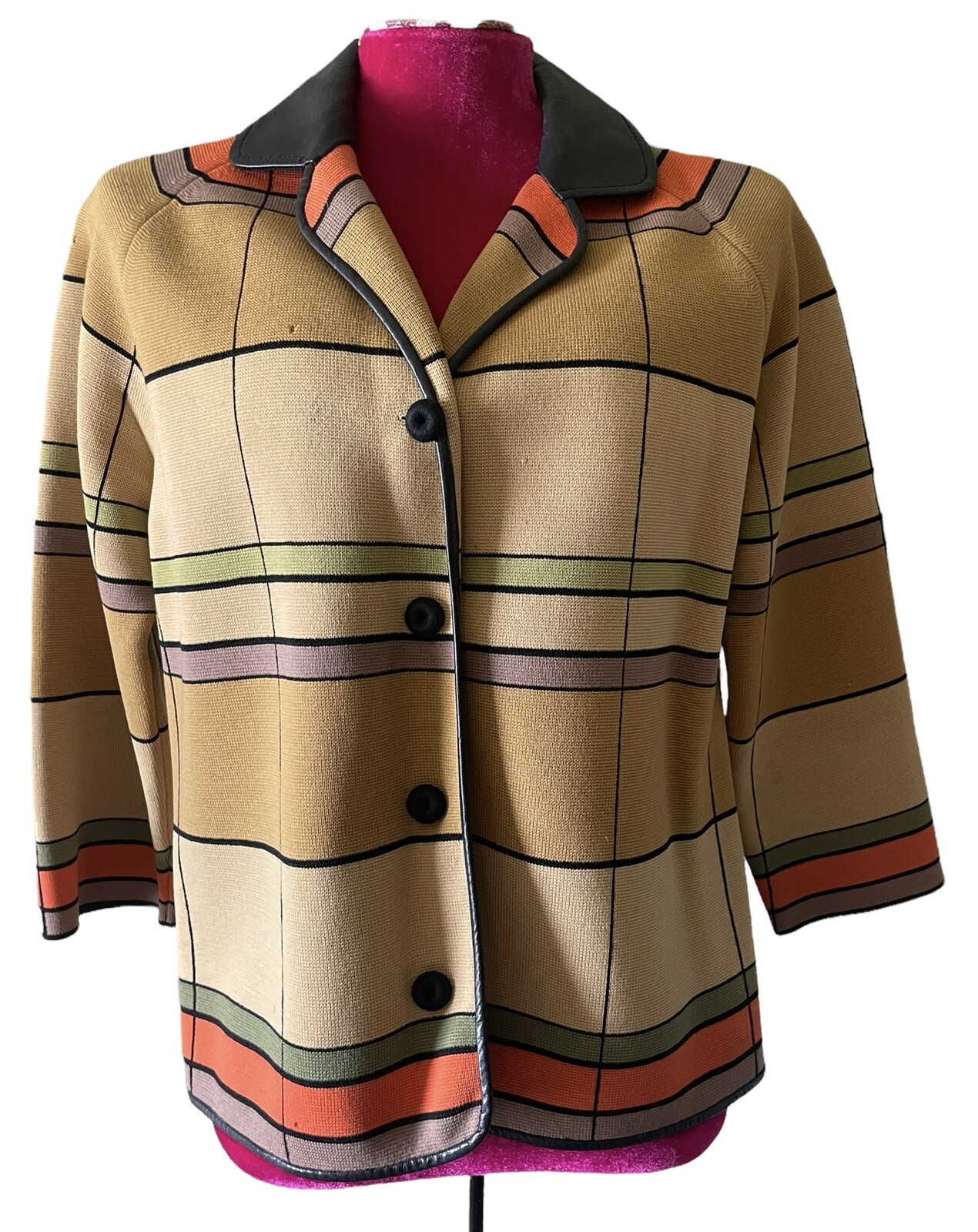 Vtg DORCE for LeRoy Knitwear Sweater Cardigan 100% Wool 70’s Striped Leather