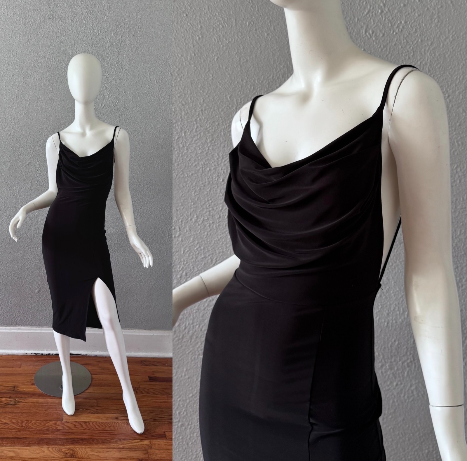 Vintage 90s Black Backless Cowl Y2K Bodycon Cocktail Dress XS/S