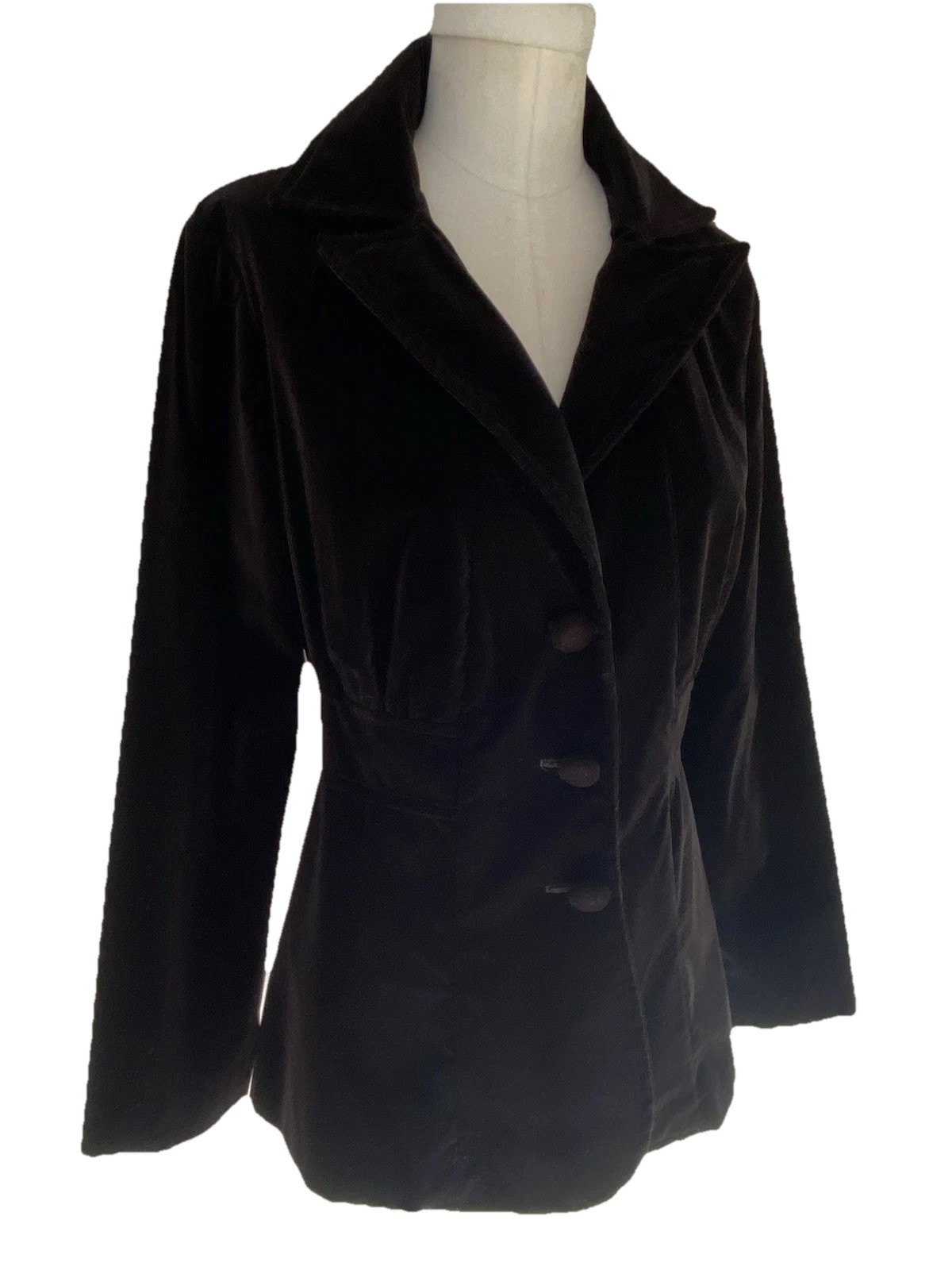 1970’s TAILORED BLAZER Jet Black Vintage Huge Collar Gathered Detail Size S/M