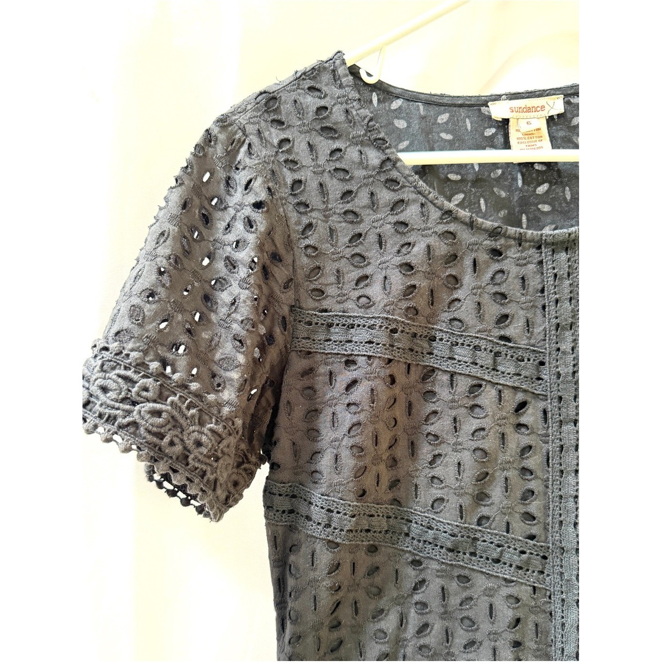 Sundance Vintage Black Eyelet Lace Short-Sleeve Shift Dress, Size S