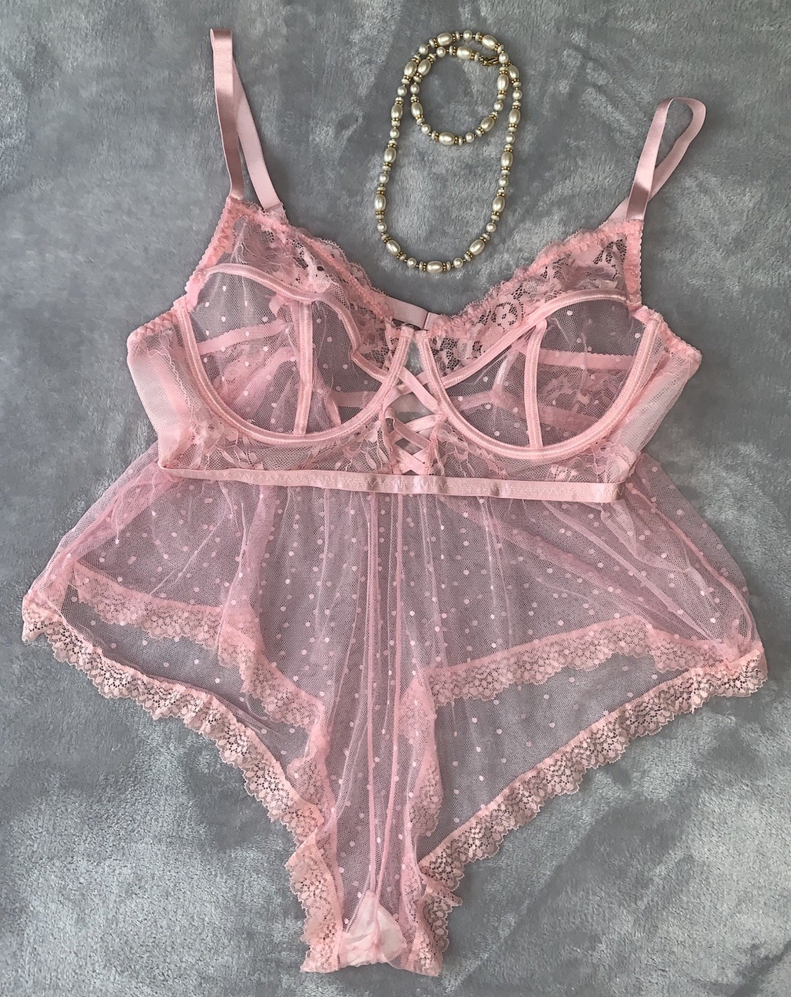 NEW SHEER Teddy Romper 2X Frilly SOFT Pink Polka Dot UW Bra Top Lingerie
