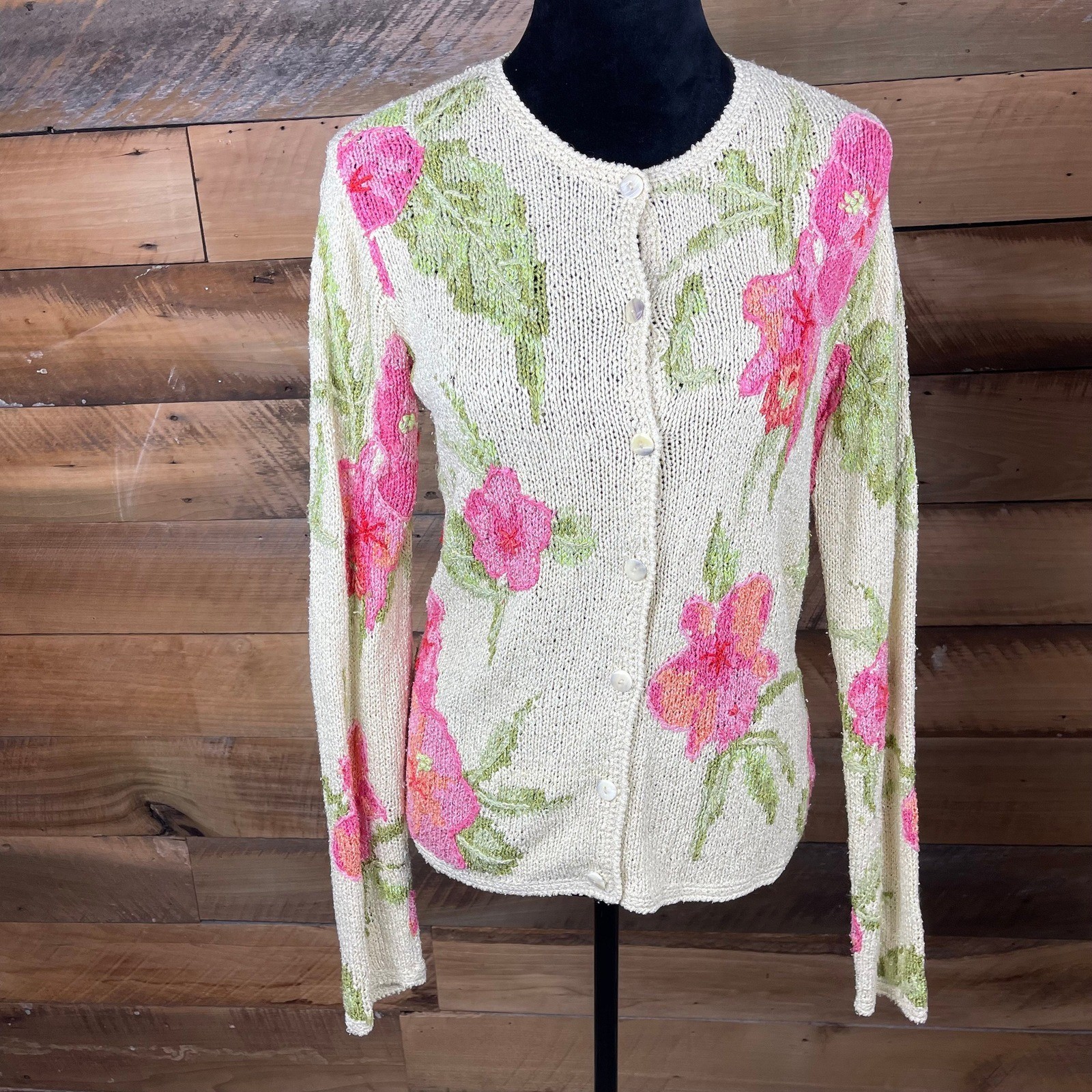 Vintage Medium David Brooks Brand Hand Knitted Cardigan Sweater Pink Flowers
