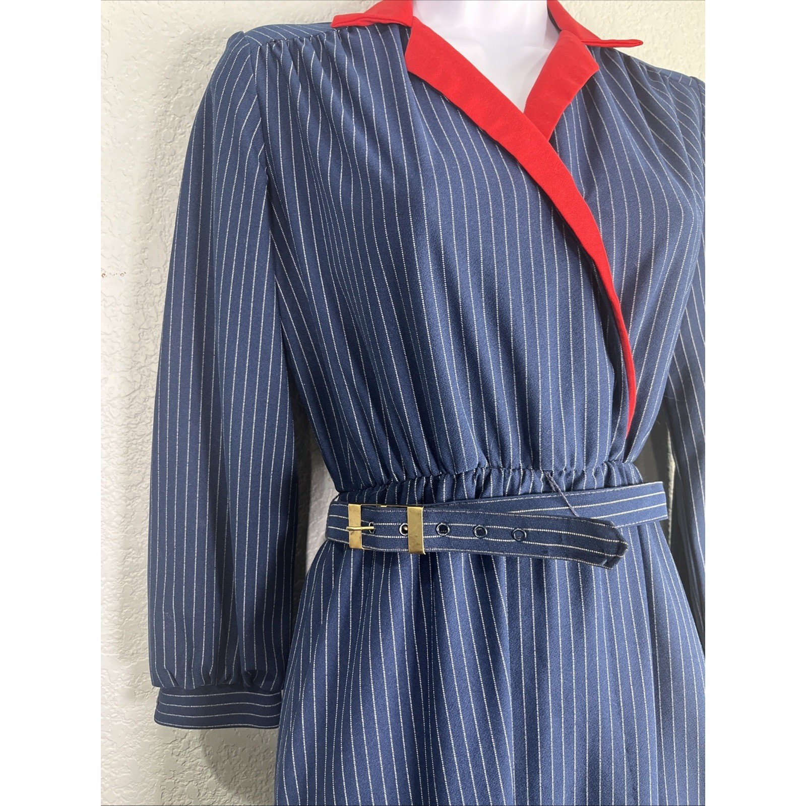 Lady Carol Petites Dress Womens S Navy Blue Pinstripe Collar Belted Vintage 70s
