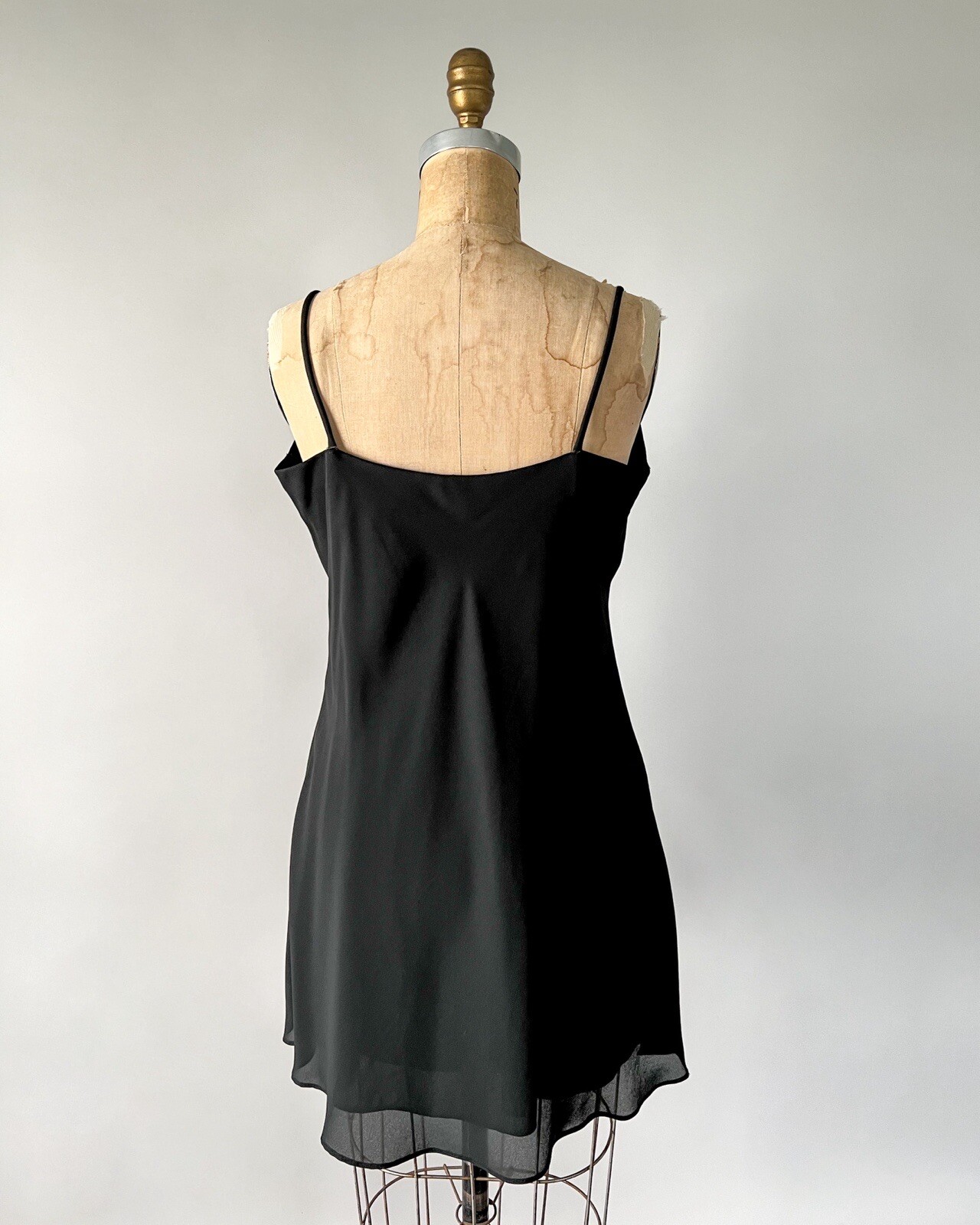 Vintage 1990s Black Chiffon Lace Babydoll Mini Slip Dress Sheer Overlay Sz M