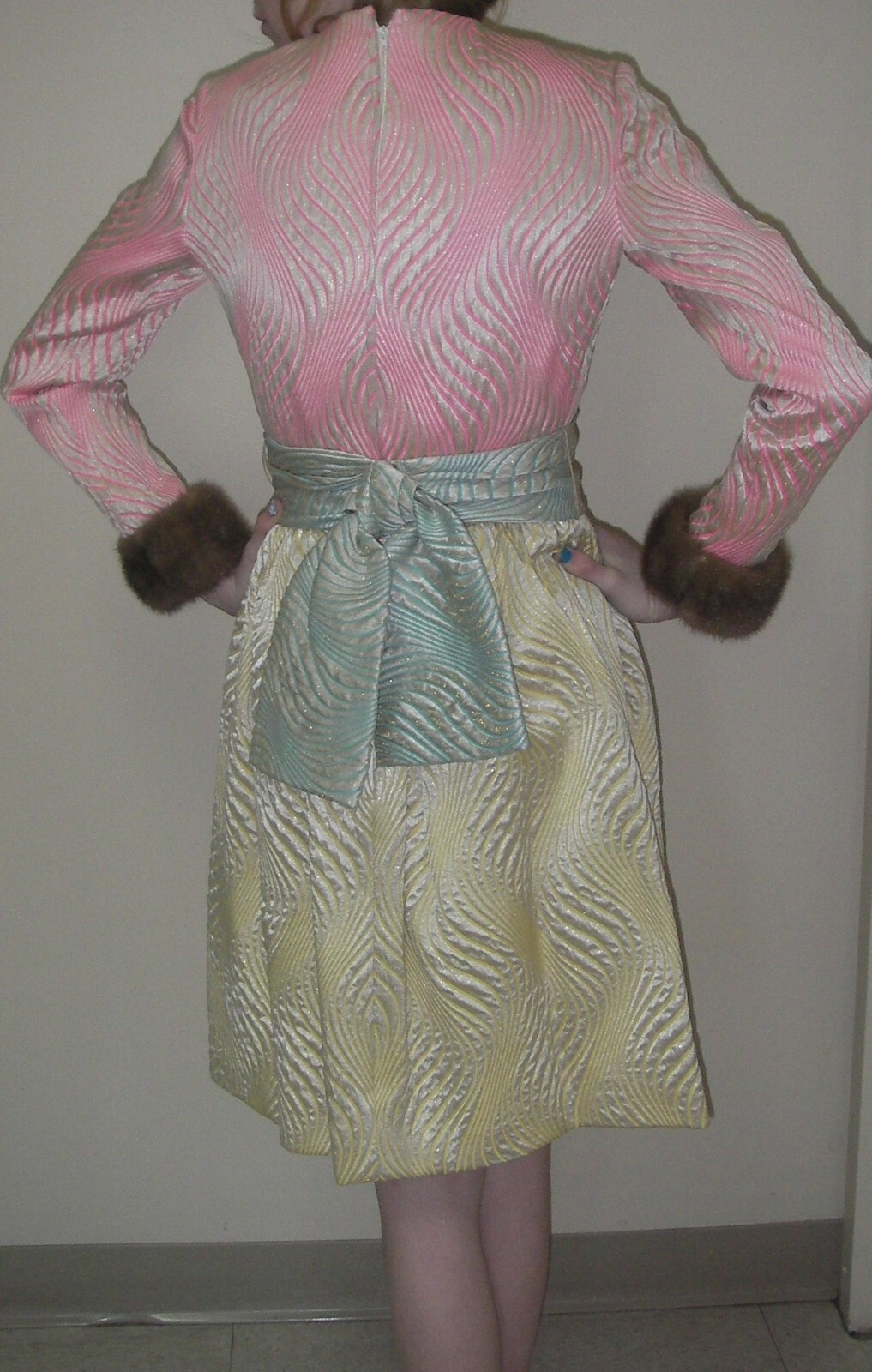Vintage 1960s Kiki Hart Saks Fifth Ave Brocade Dress Mink Fur Cuffs Sash Belt