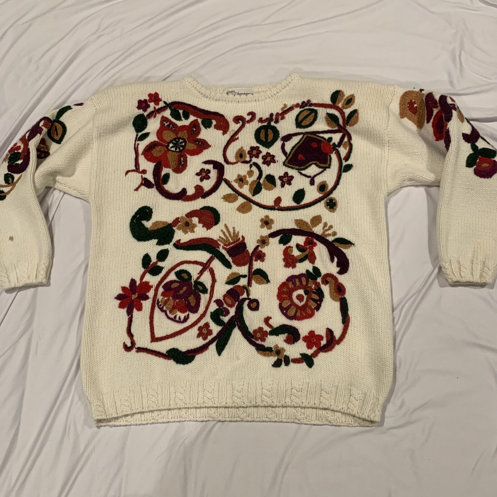 VTG Women’s Norm Thompson Knit Floral Pattern Sweater Sz S Cream Shoulder Pads