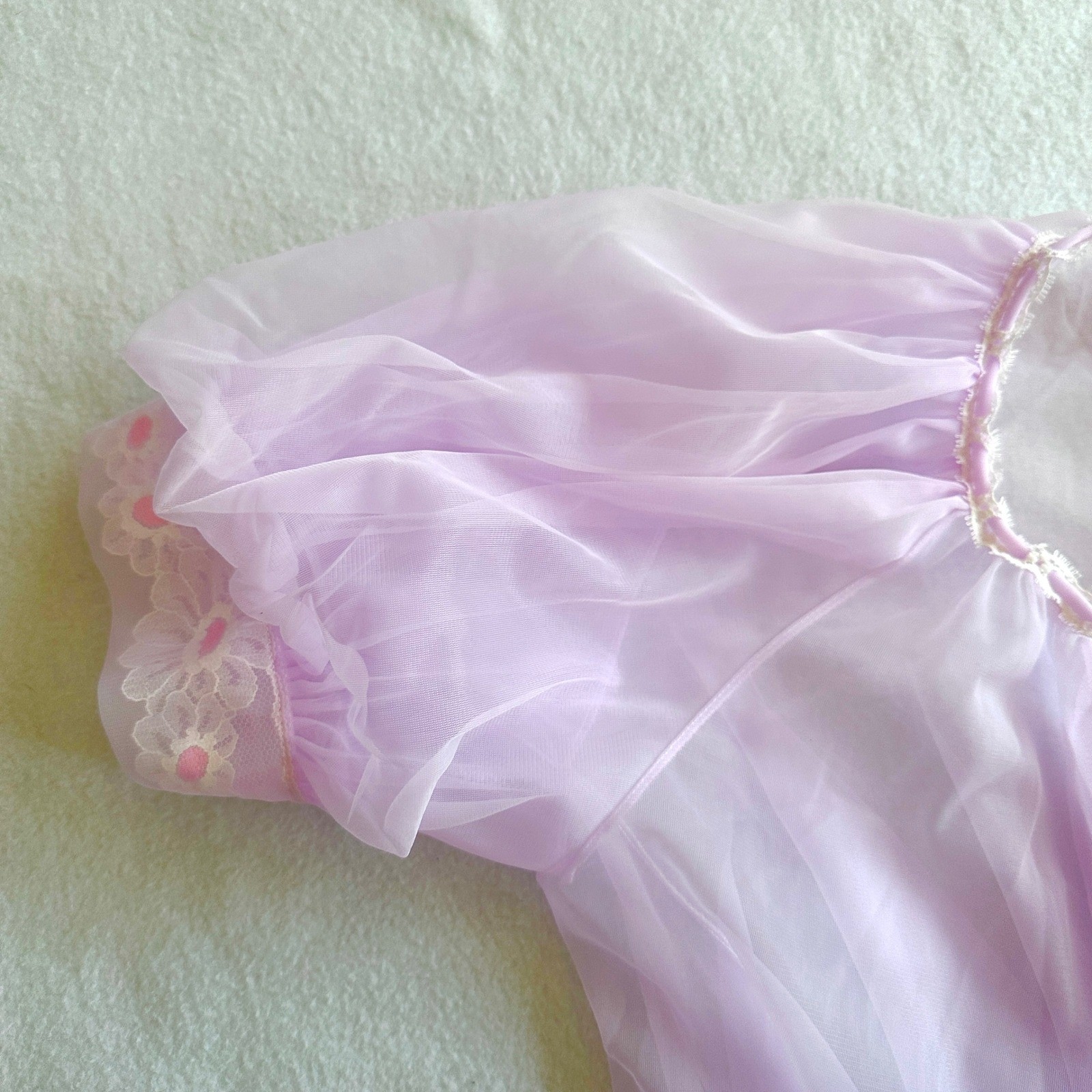 Vintage 1970s Chiffon Peignoir Set 2pc Lavender Lace Babydoll Nightgown ILGWU