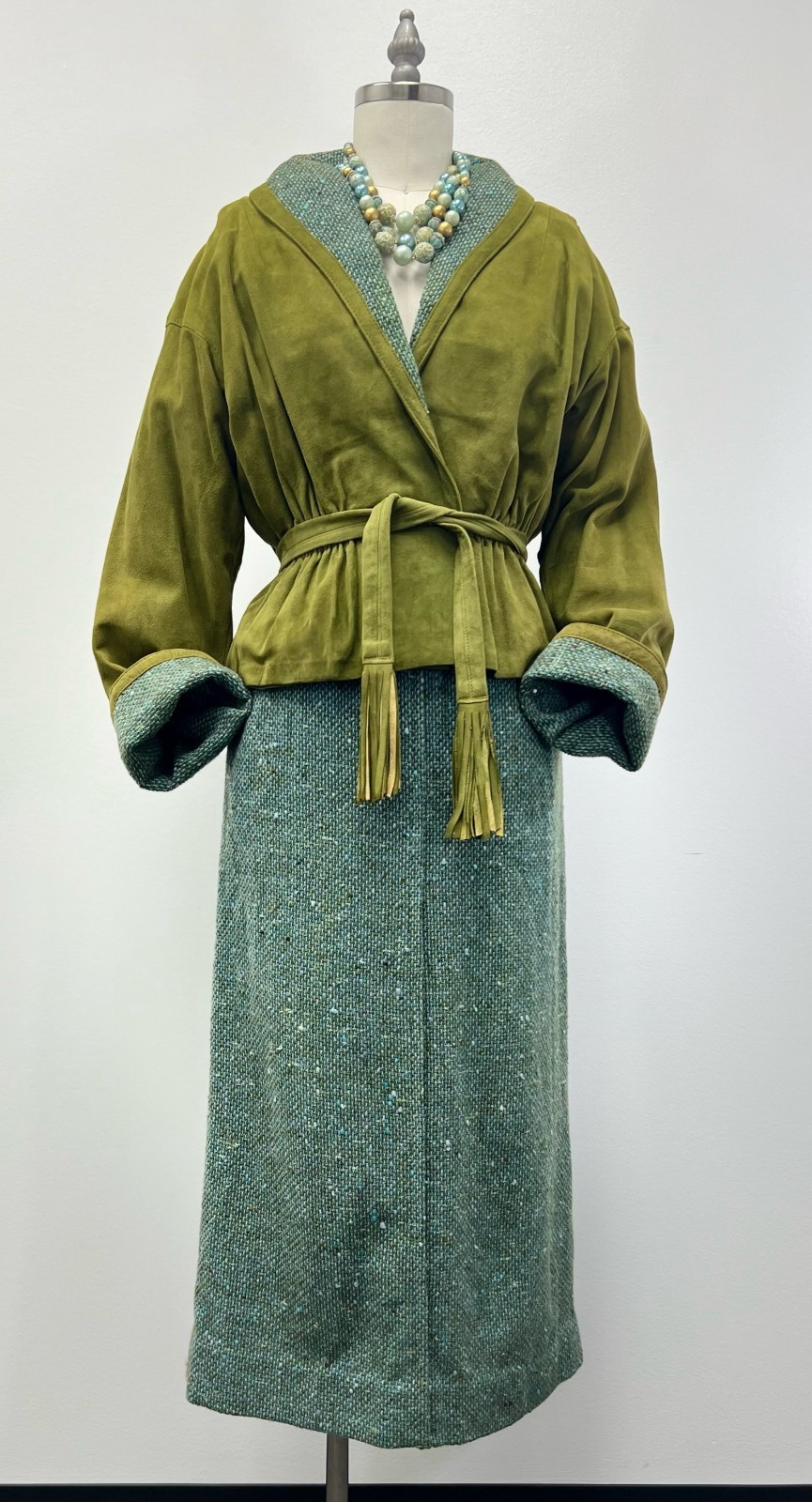 1960s VTG Leathervane Bonnie Cashin Designs 2pc Suit Pea Green Suede & Turq Wool