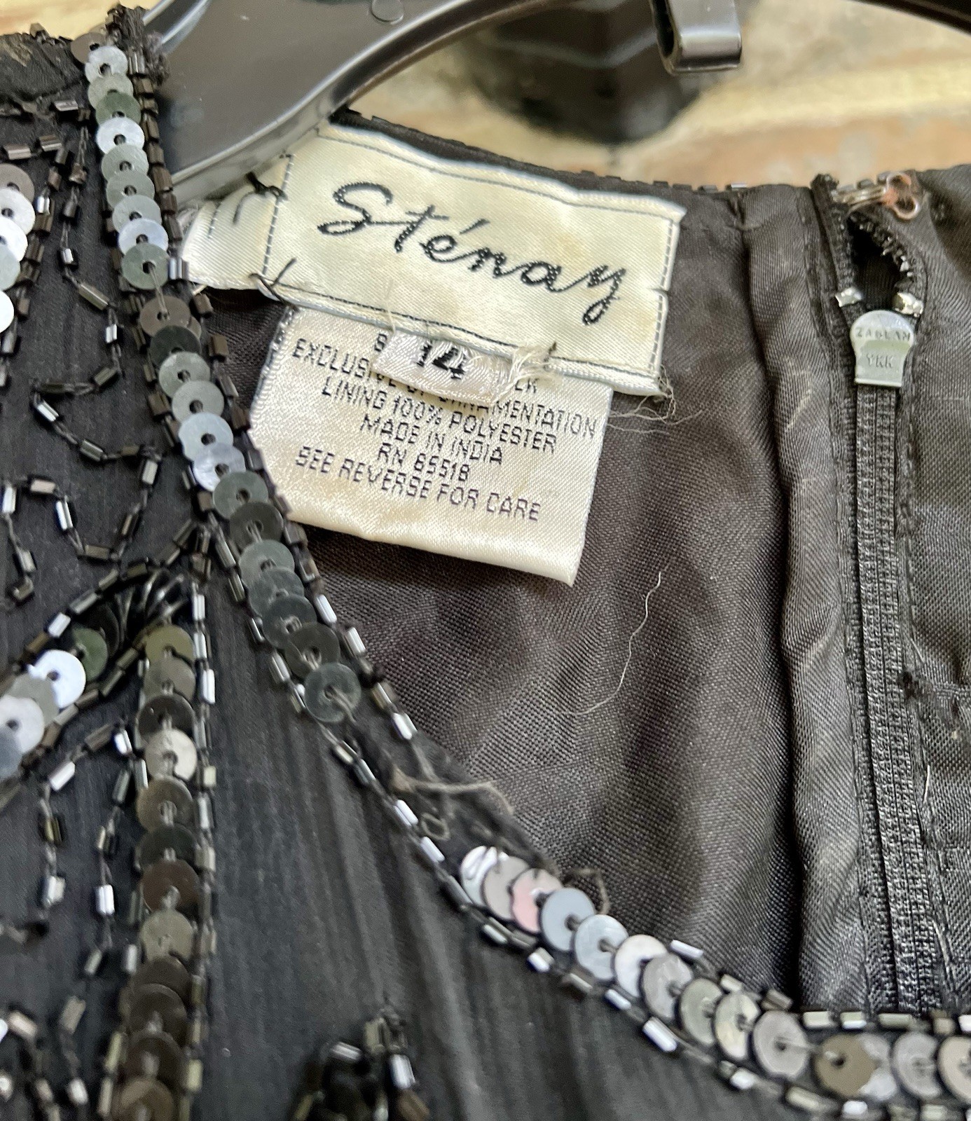 VTG Stenay Silk Beaded Cocktail Dress Size 14 Black Sequin Short Sleeve Retro