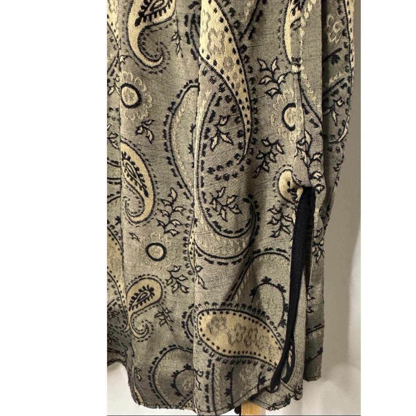 VTG Paisley Olive Green Button Front Shirt Jacket XL Black Trim Boho Gallerycore