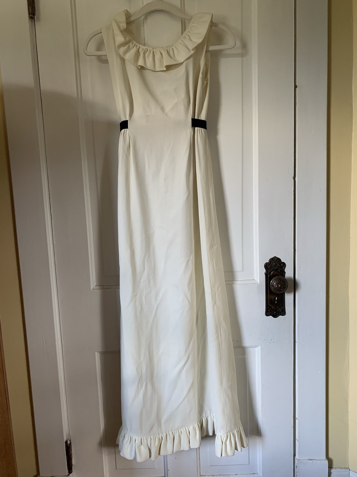 Vintage 1960s 1970s Cream/white maxi dress with Ruffles and black velvet ties. S