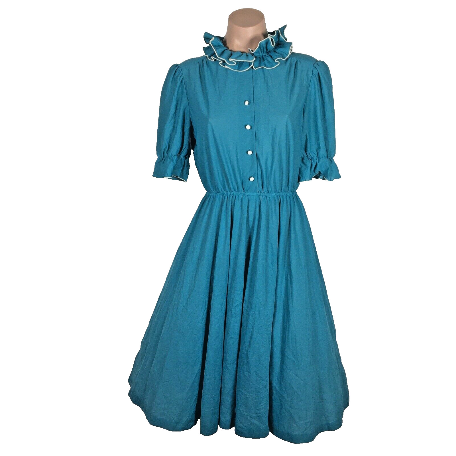 NANCY STEVENS Vintage Full Circle Skirt Teal Ruffle Collar Button Down A-Line